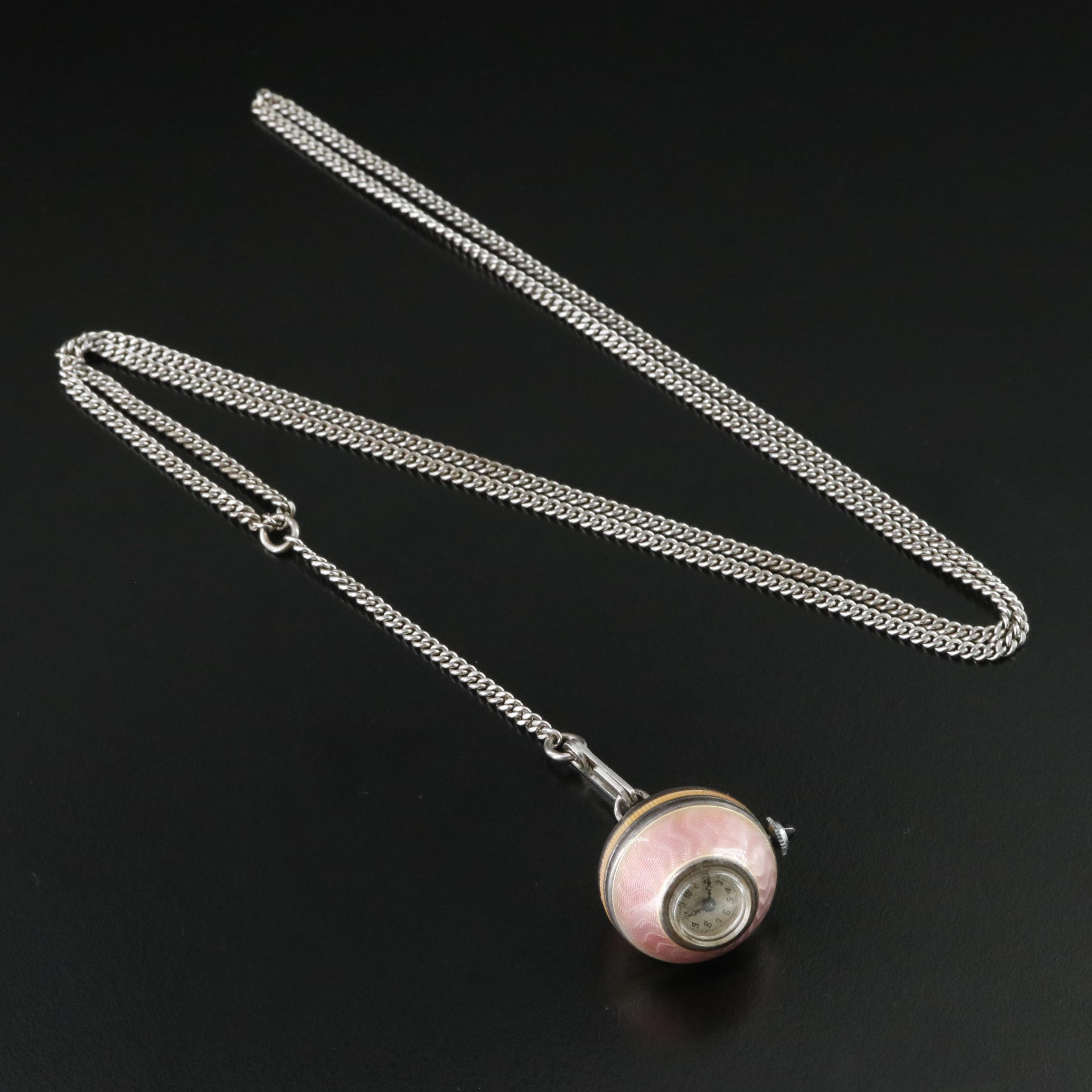 E.Blancpain & Fils Silver Guilloche Enamel Pendant Timepiece, Vintage