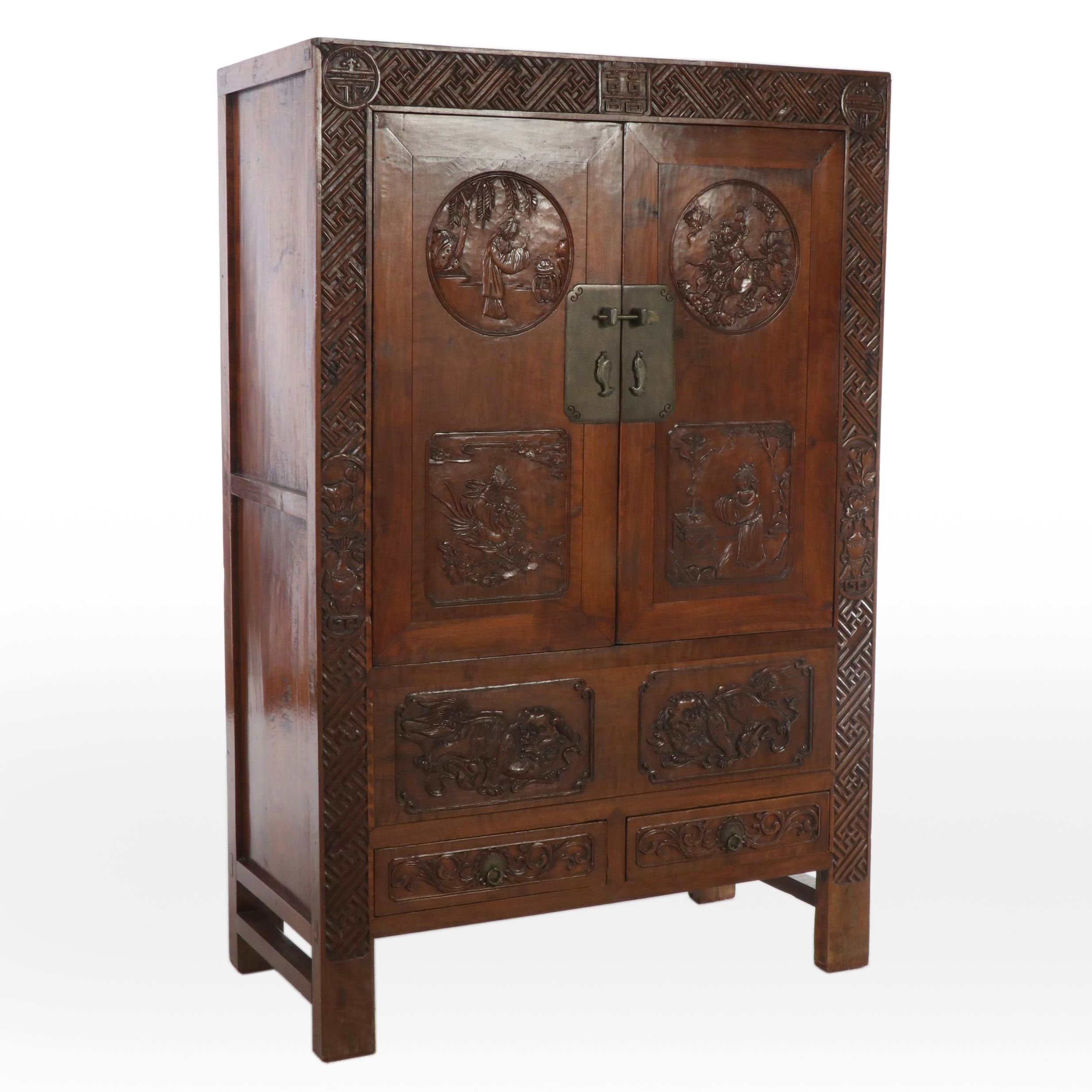 Chinese Carved Elm Wardrobe Cabinet, Late 19th to Early 20th Century