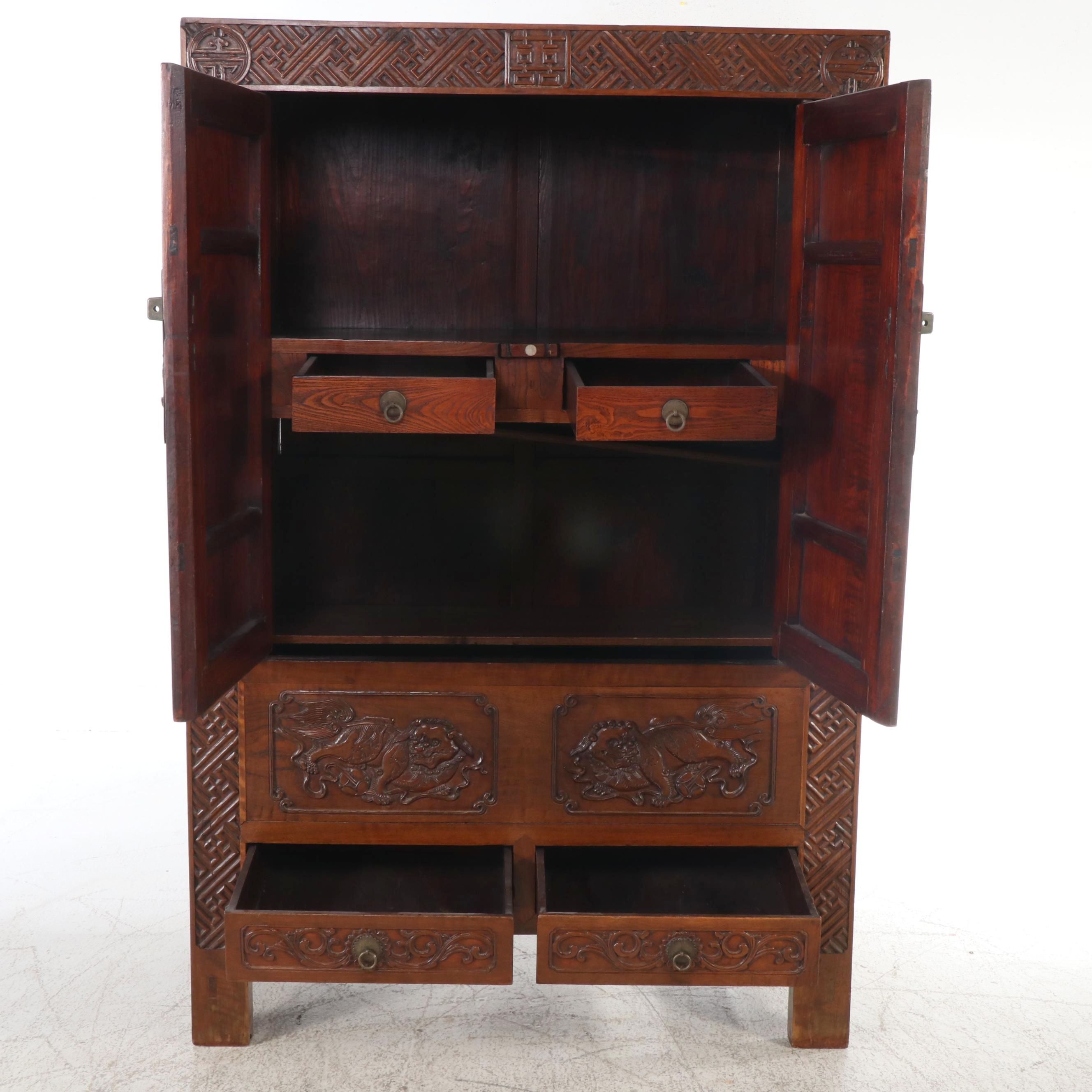 Chinese Carved Elm Wardrobe Cabinet, Late 19th to Early 20th Century