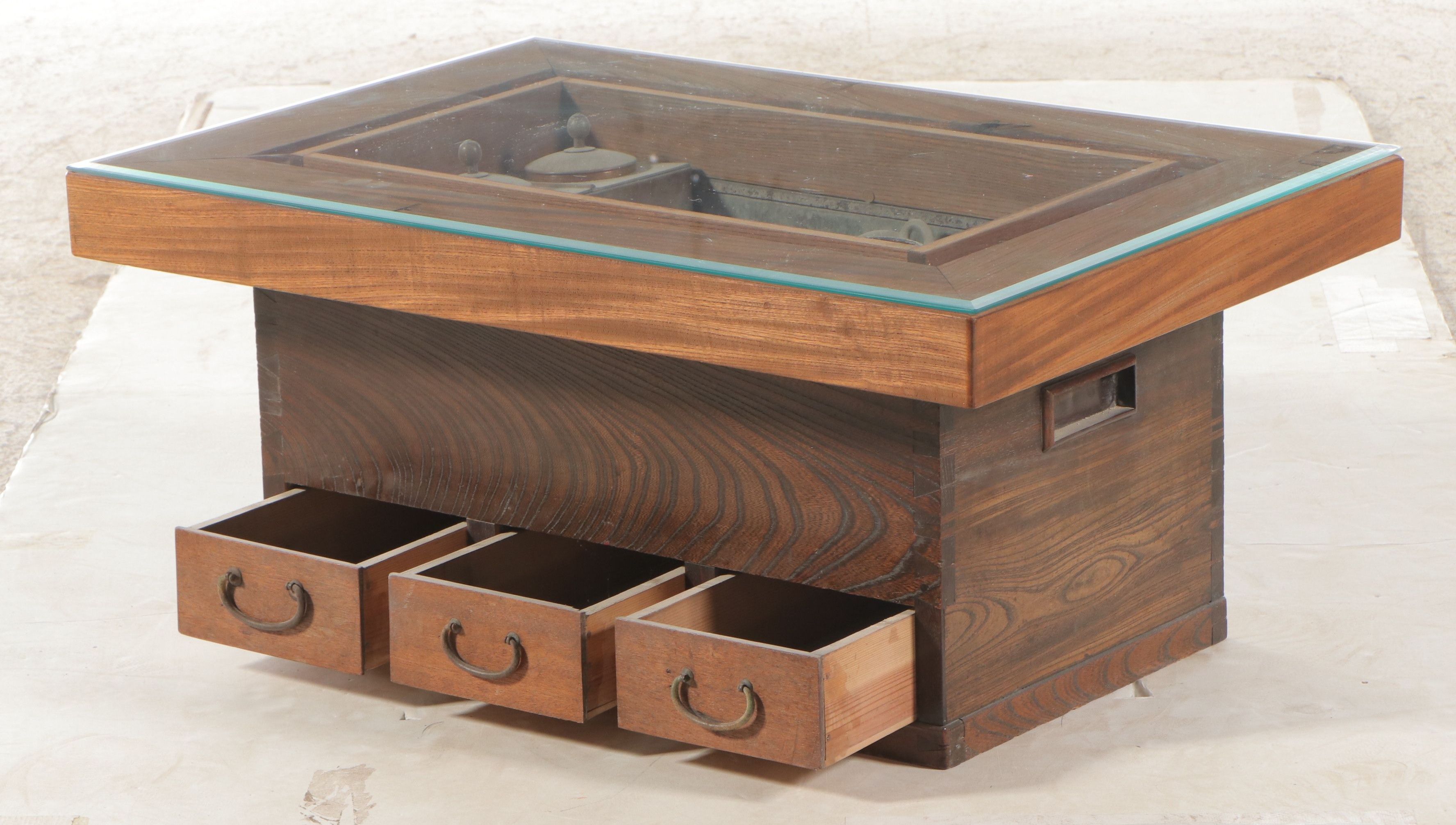 Japanese or Korean Hibachi Table with Glass Tabletop, Early to Mid-20th Century