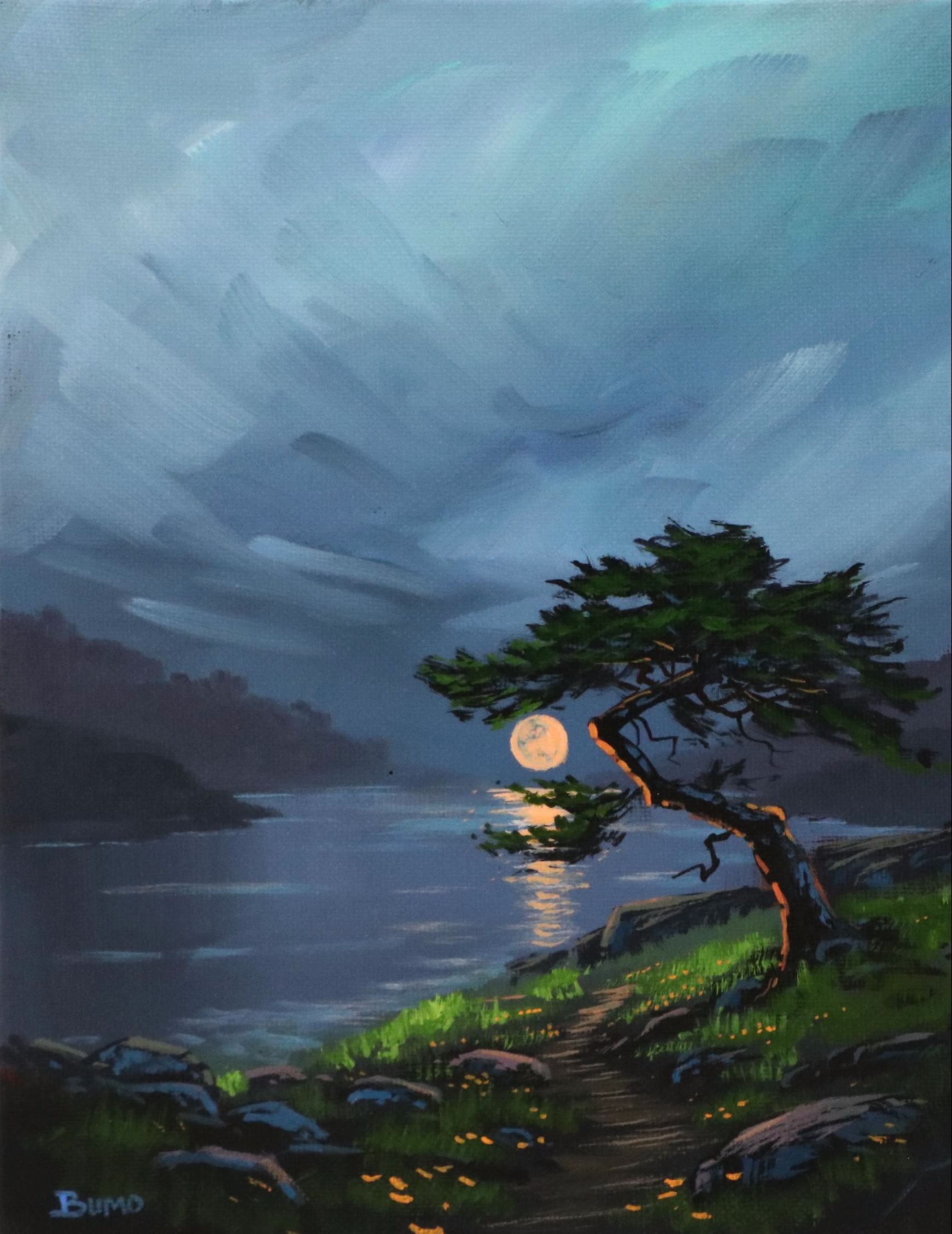 Doug "Bumo" Johnpeer Nocturne Landscape Oil Painting "The Leaning Watcher," 2025