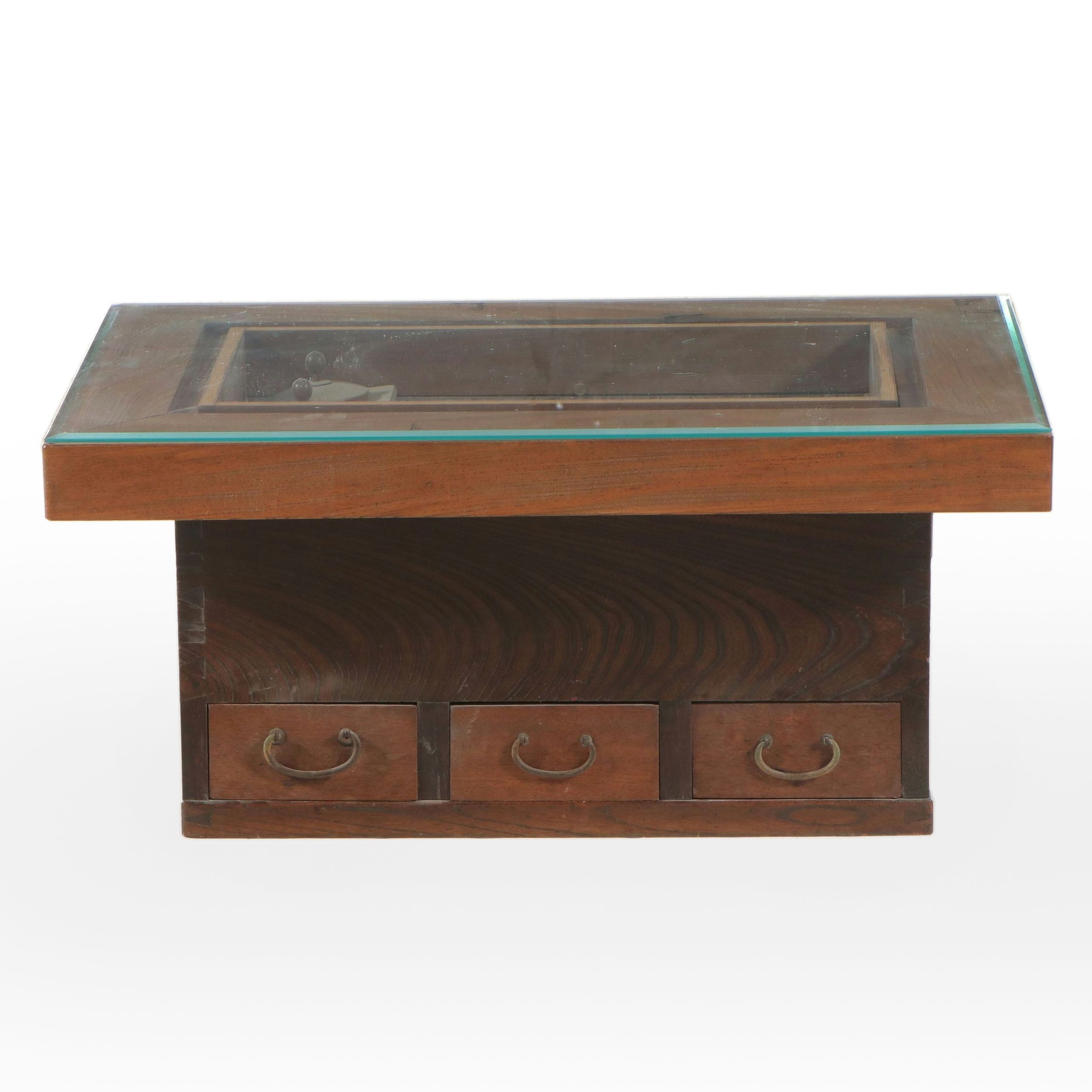 Japanese or Korean Hibachi Table with Glass Tabletop, Early to Mid-20th Century