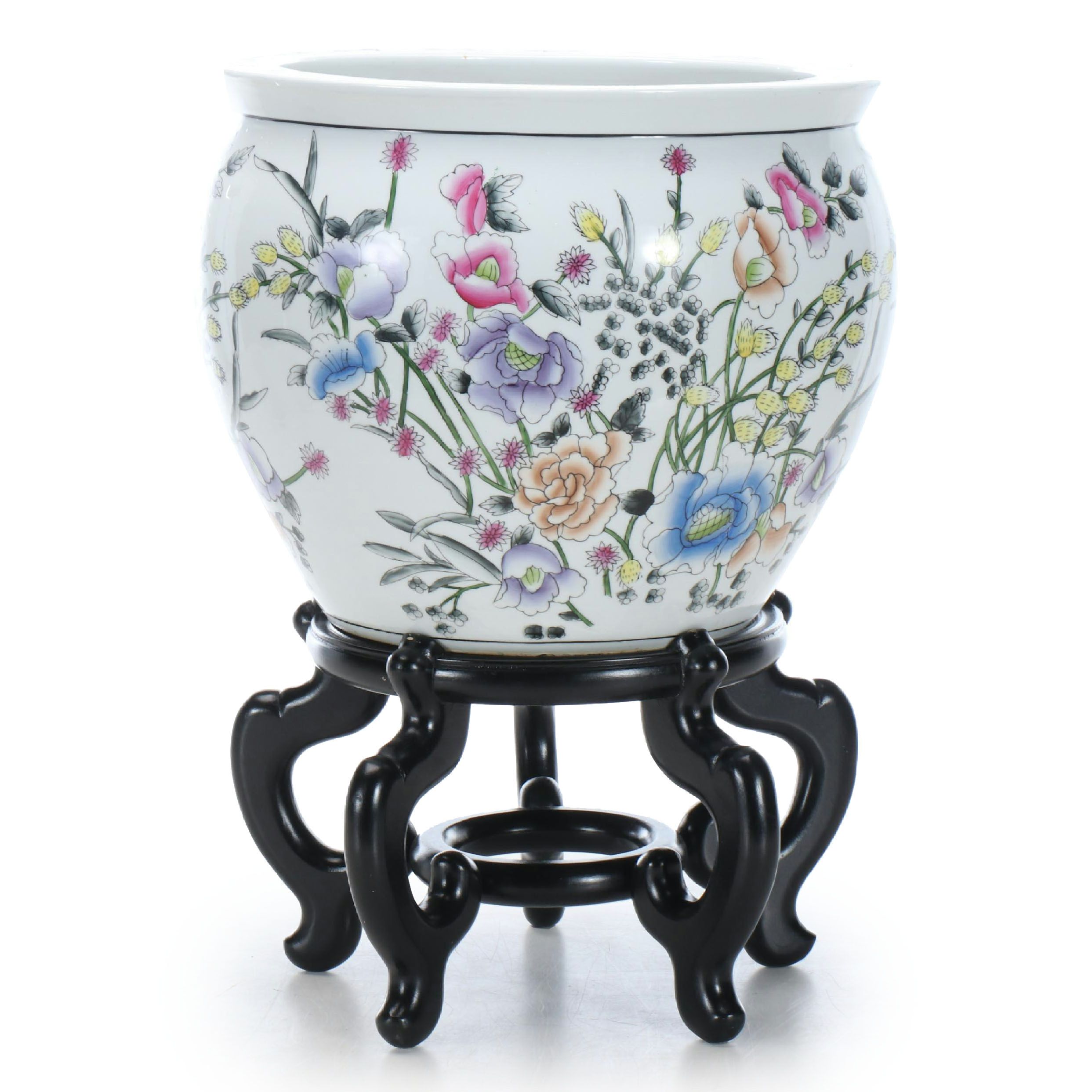 Chinese Famille Rose Porcelain Fishbowl Planter on Wood Base