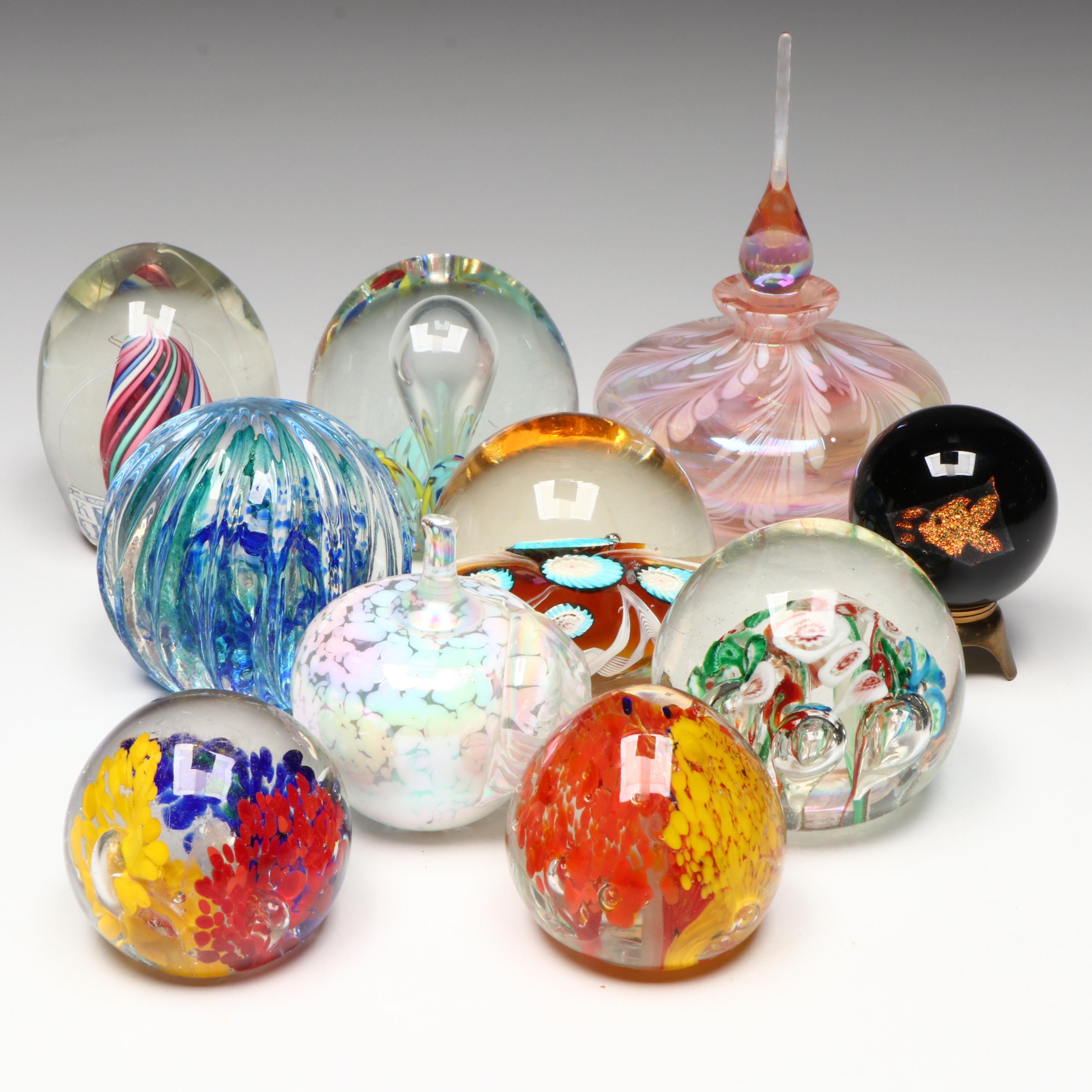 Caithness Optix and Other Glass Paperweights with Silvestri Glass Perfume Bottle