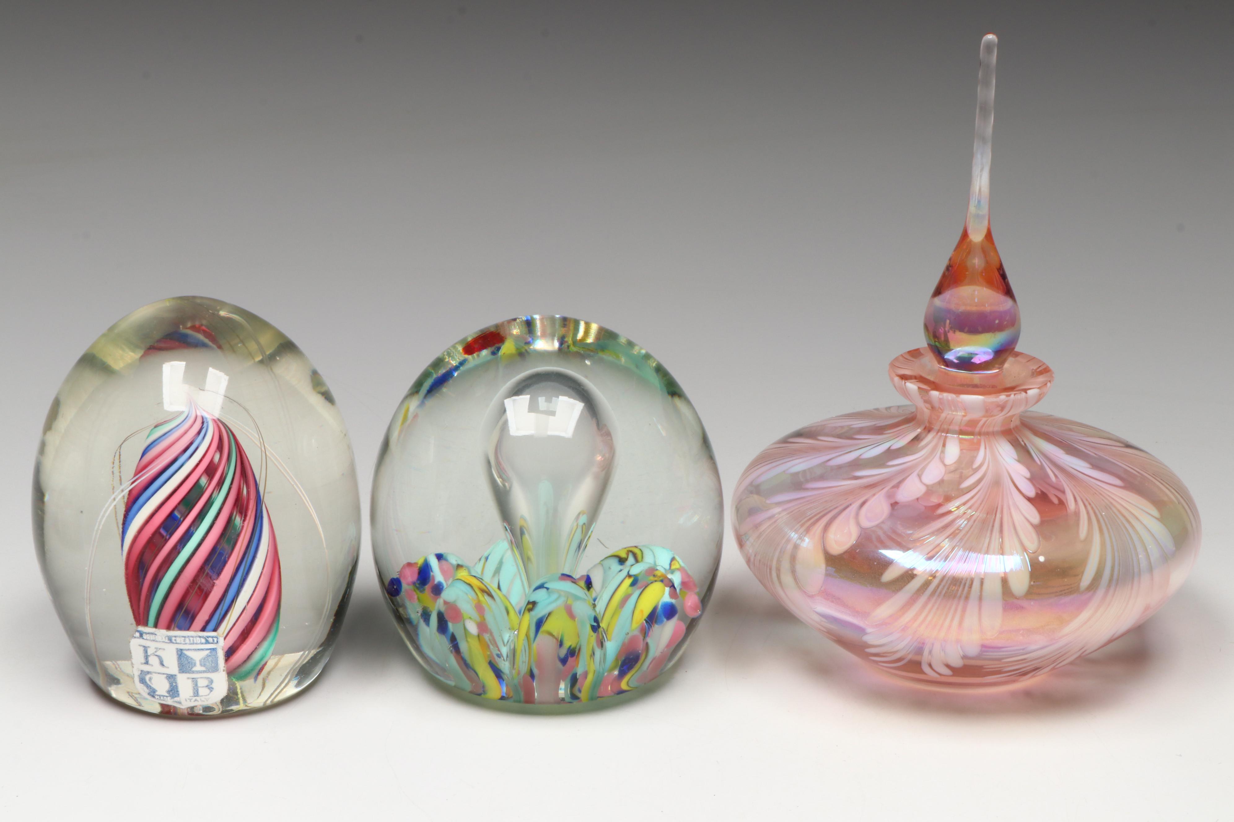 Caithness Optix and Other Glass Paperweights with Silvestri Glass Perfume Bottle