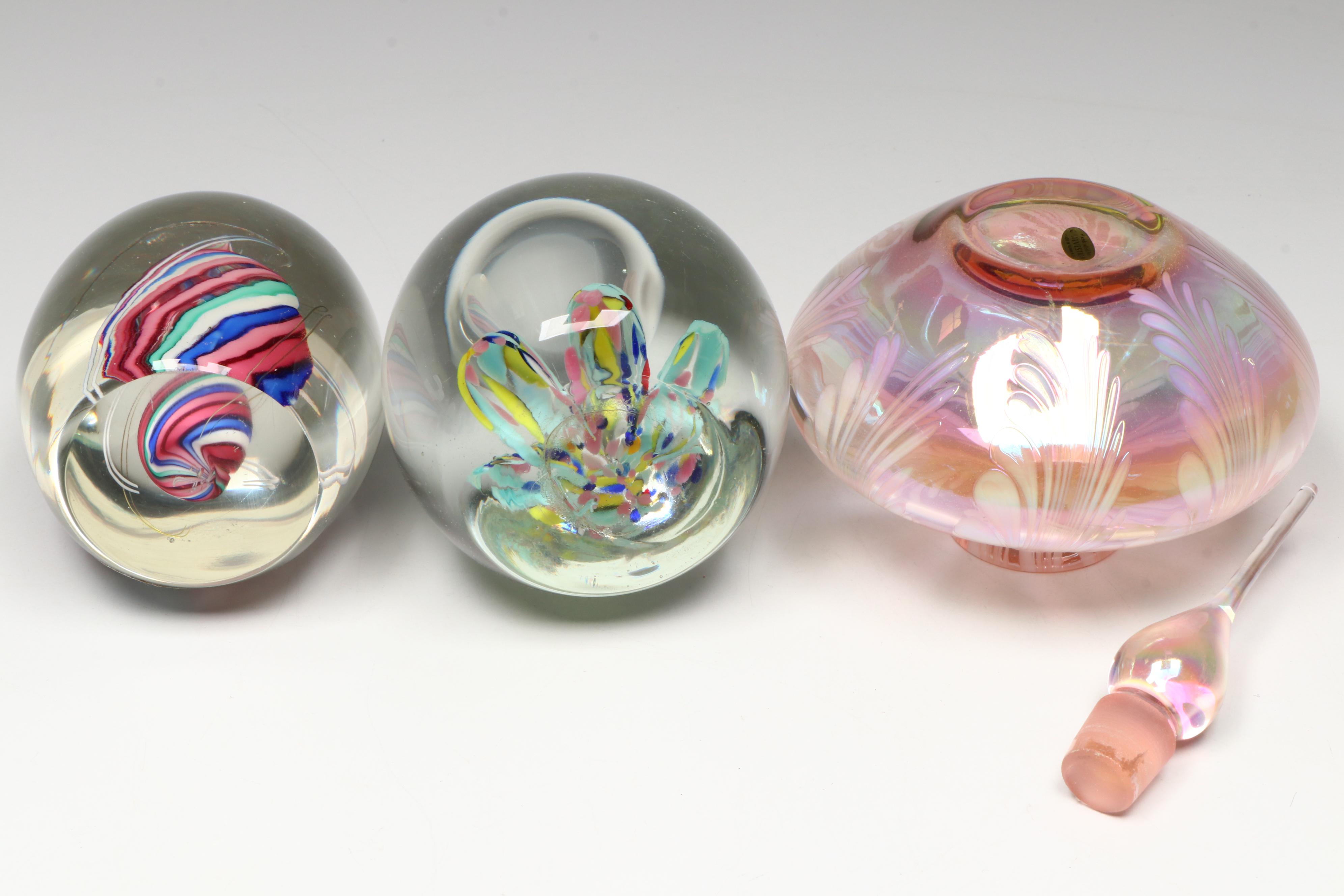 Caithness Optix and Other Glass Paperweights with Silvestri Glass Perfume Bottle