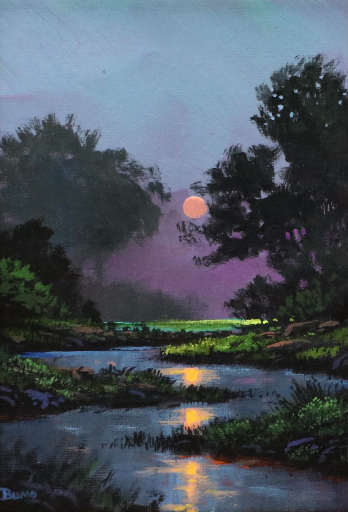 Doug "Bumo" Johnpeer Nocturne Landscape Oil Painting, 21st Century