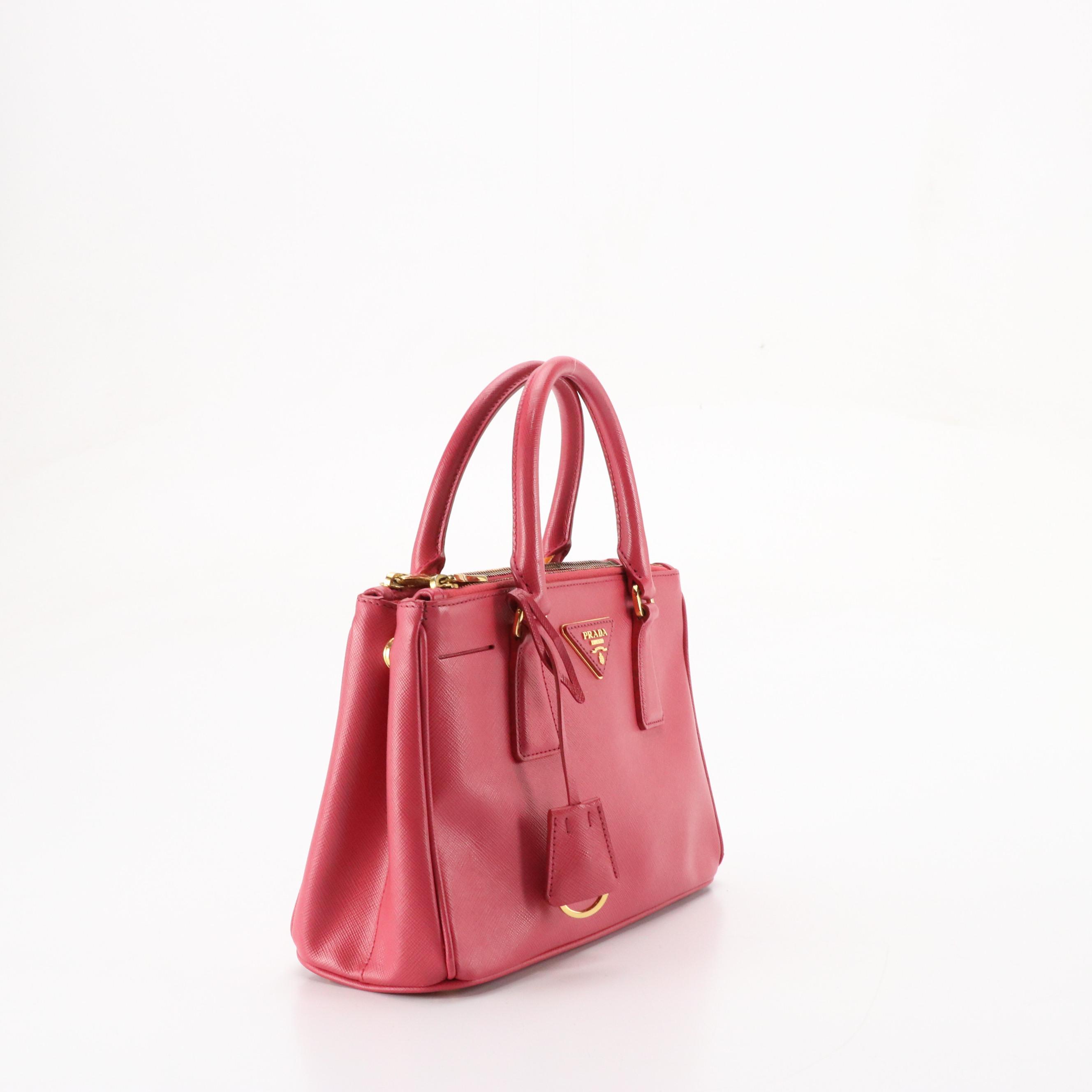 Prada Small Double Zip Galleria Two-Way Bag in Peonia Pink Saffiano Lux Leather
