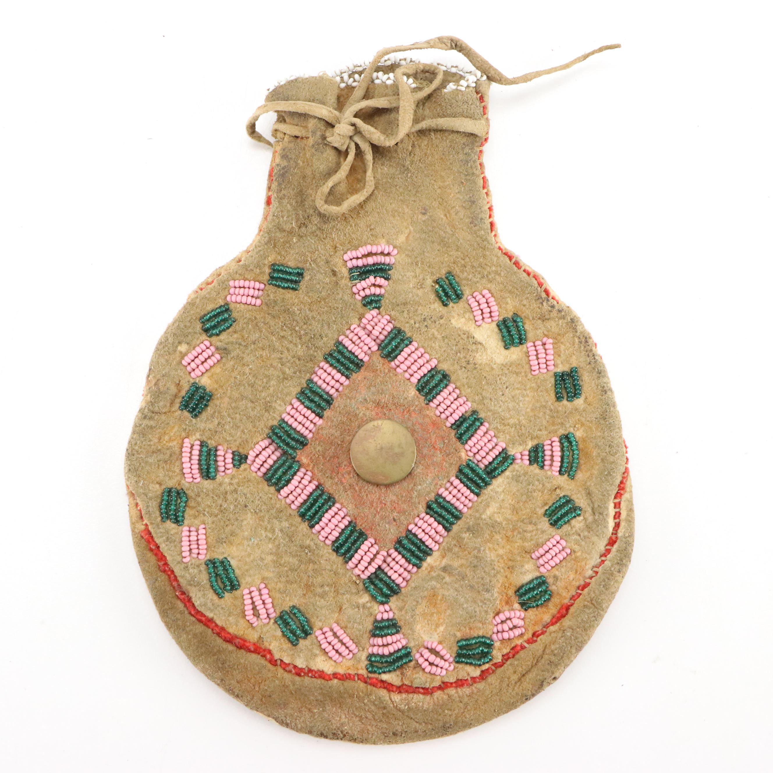 Indigenous Southwest Beaded Hide Pouches, One Apache with Tin Cone Suspensions