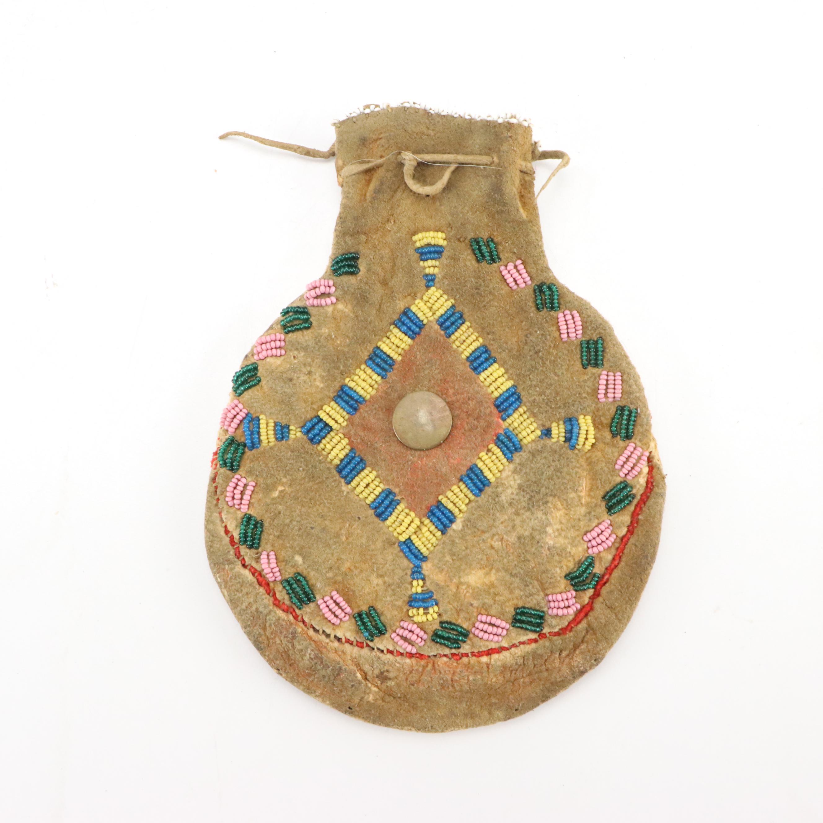Indigenous Southwest Beaded Hide Pouches, One Apache with Tin Cone Suspensions