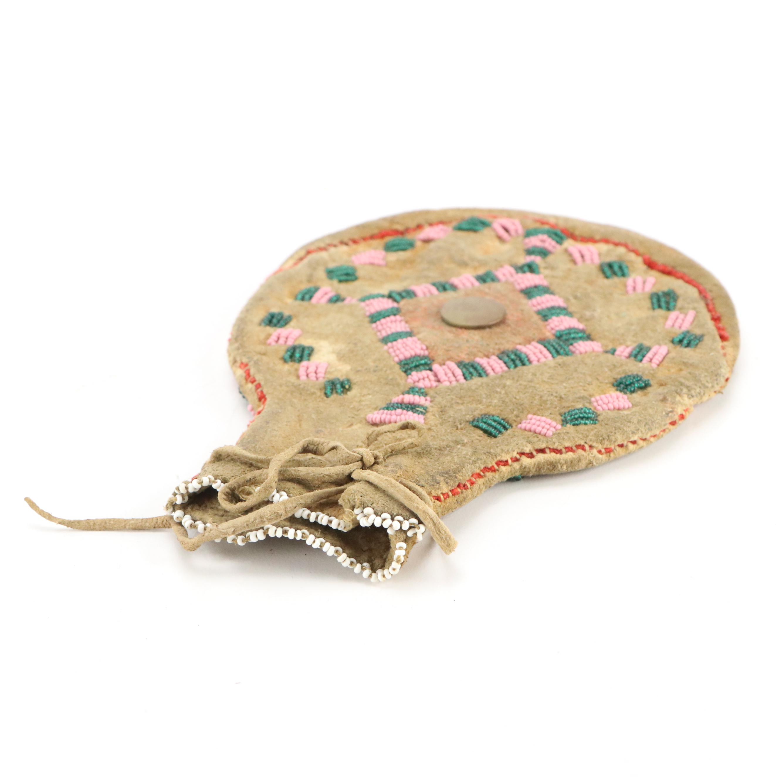 Indigenous Southwest Beaded Hide Pouches, One Apache with Tin Cone Suspensions