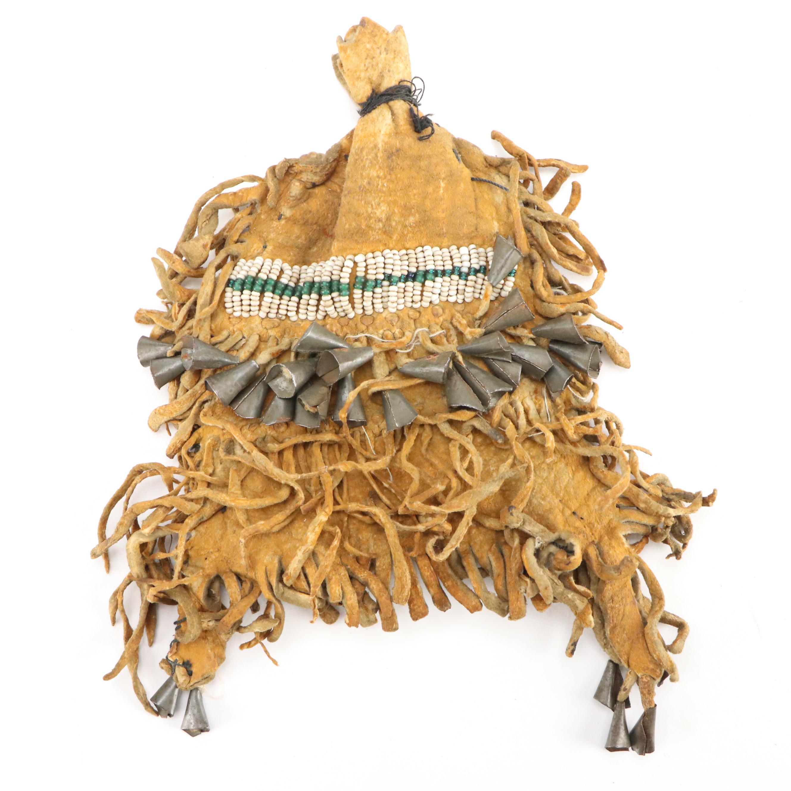 Indigenous Southwest Beaded Hide Pouches, One Apache with Tin Cone Suspensions