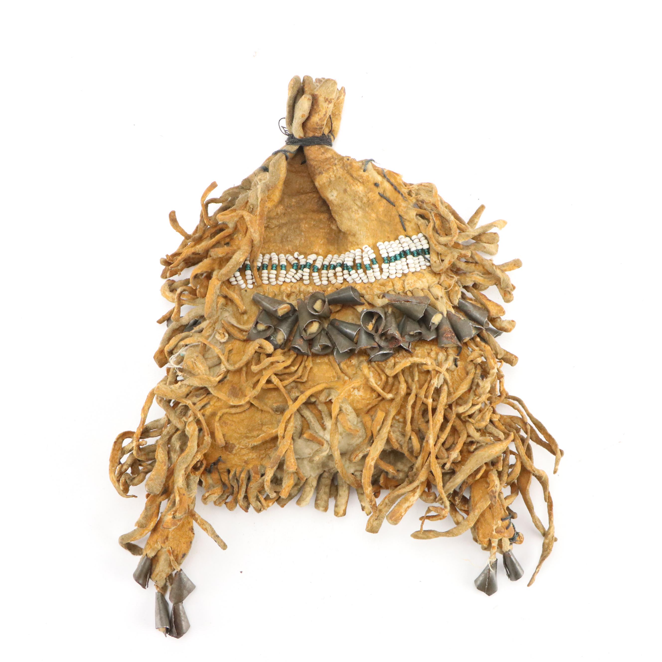 Indigenous Southwest Beaded Hide Pouches, One Apache with Tin Cone Suspensions