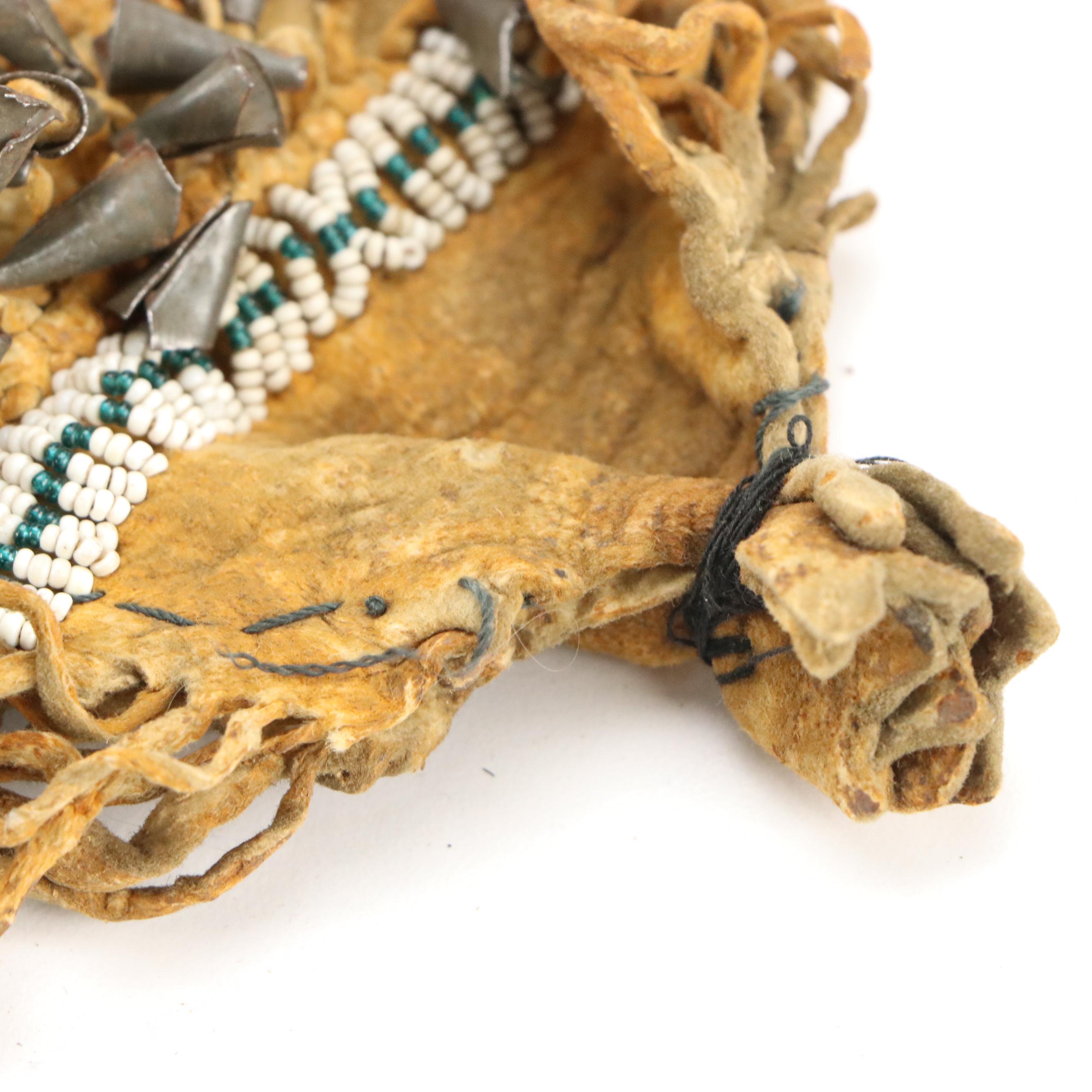 Indigenous Southwest Beaded Hide Pouches, One Apache with Tin Cone Suspensions
