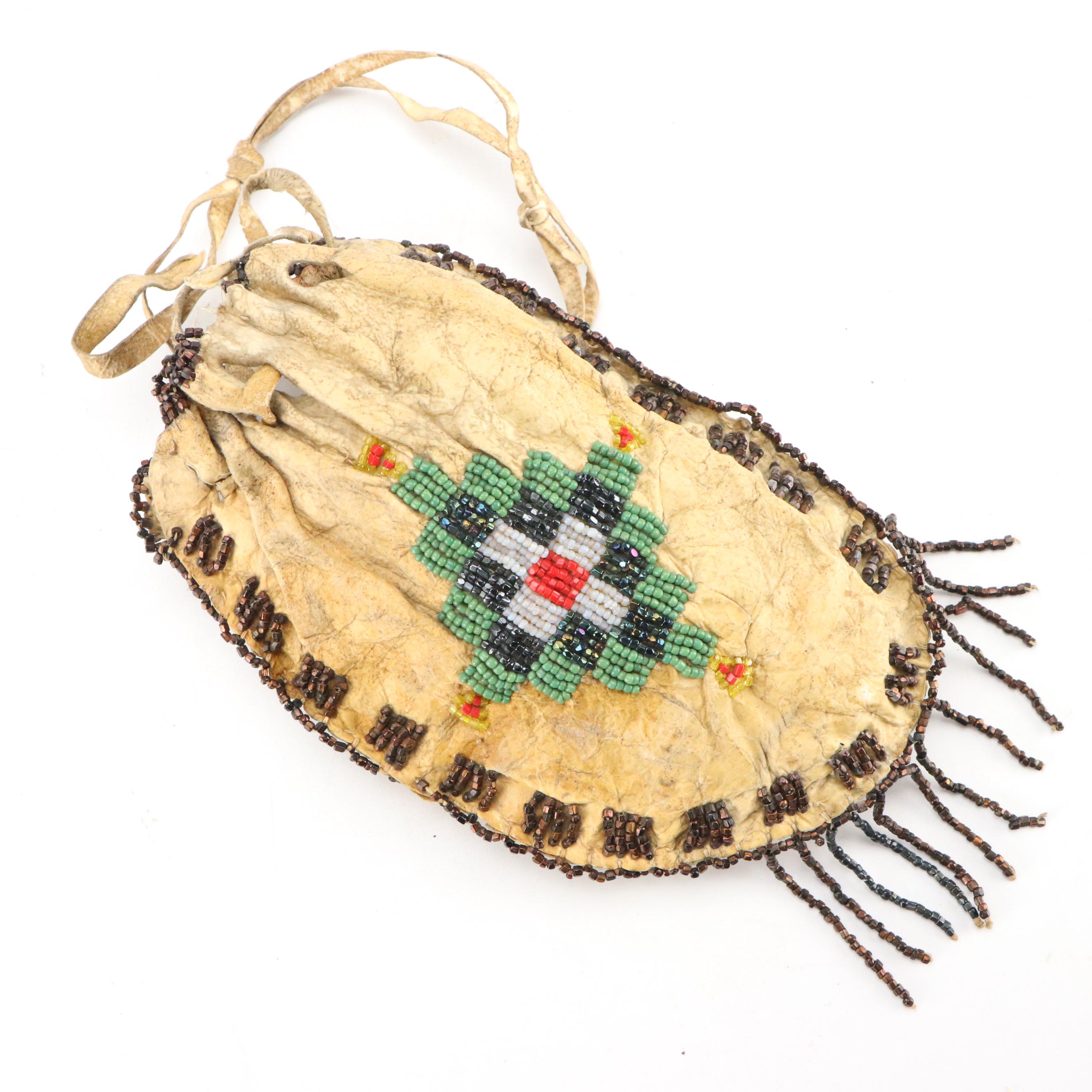Indigenous Southwest Beaded Hide Pouches, One Apache with Tin Cone Suspensions