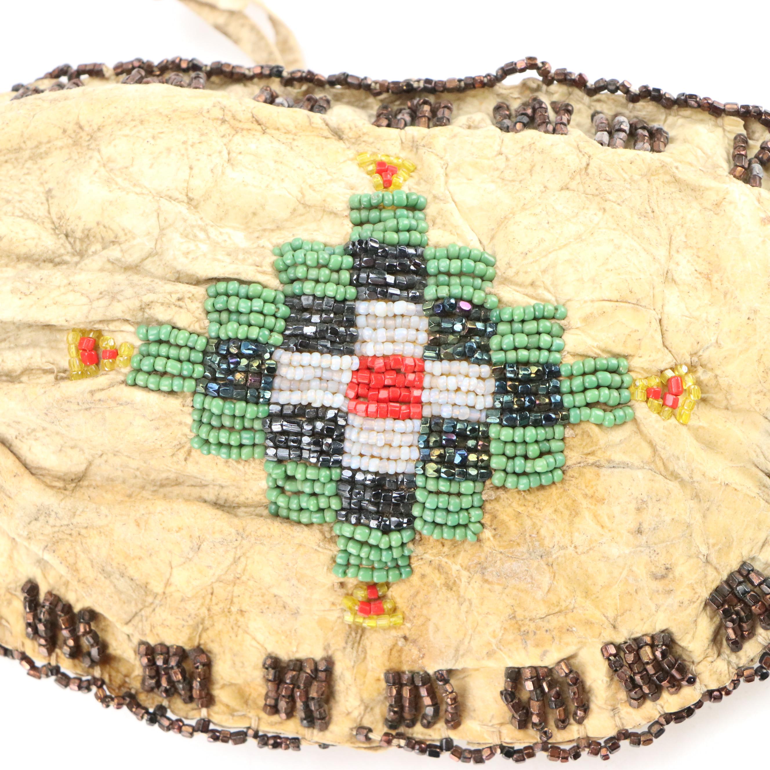 Indigenous Southwest Beaded Hide Pouches, One Apache with Tin Cone Suspensions
