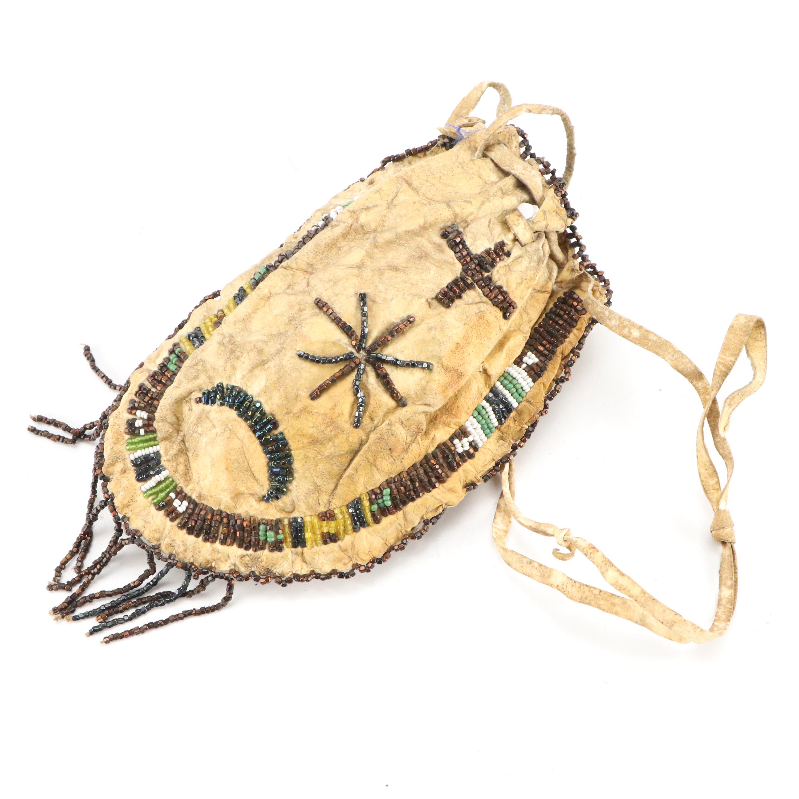 Indigenous Southwest Beaded Hide Pouches, One Apache with Tin Cone Suspensions