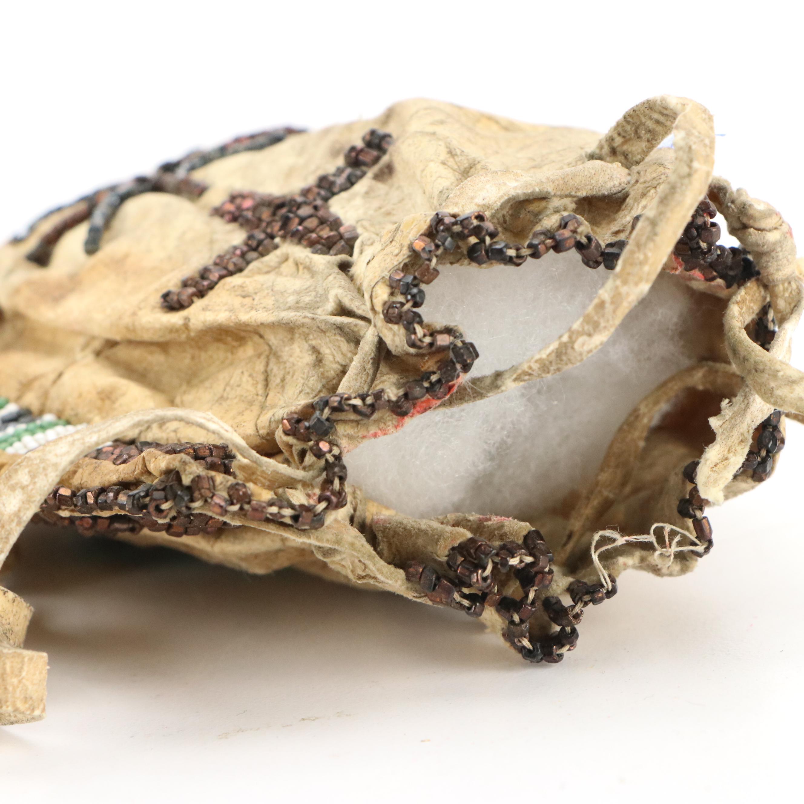 Indigenous Southwest Beaded Hide Pouches, One Apache with Tin Cone Suspensions