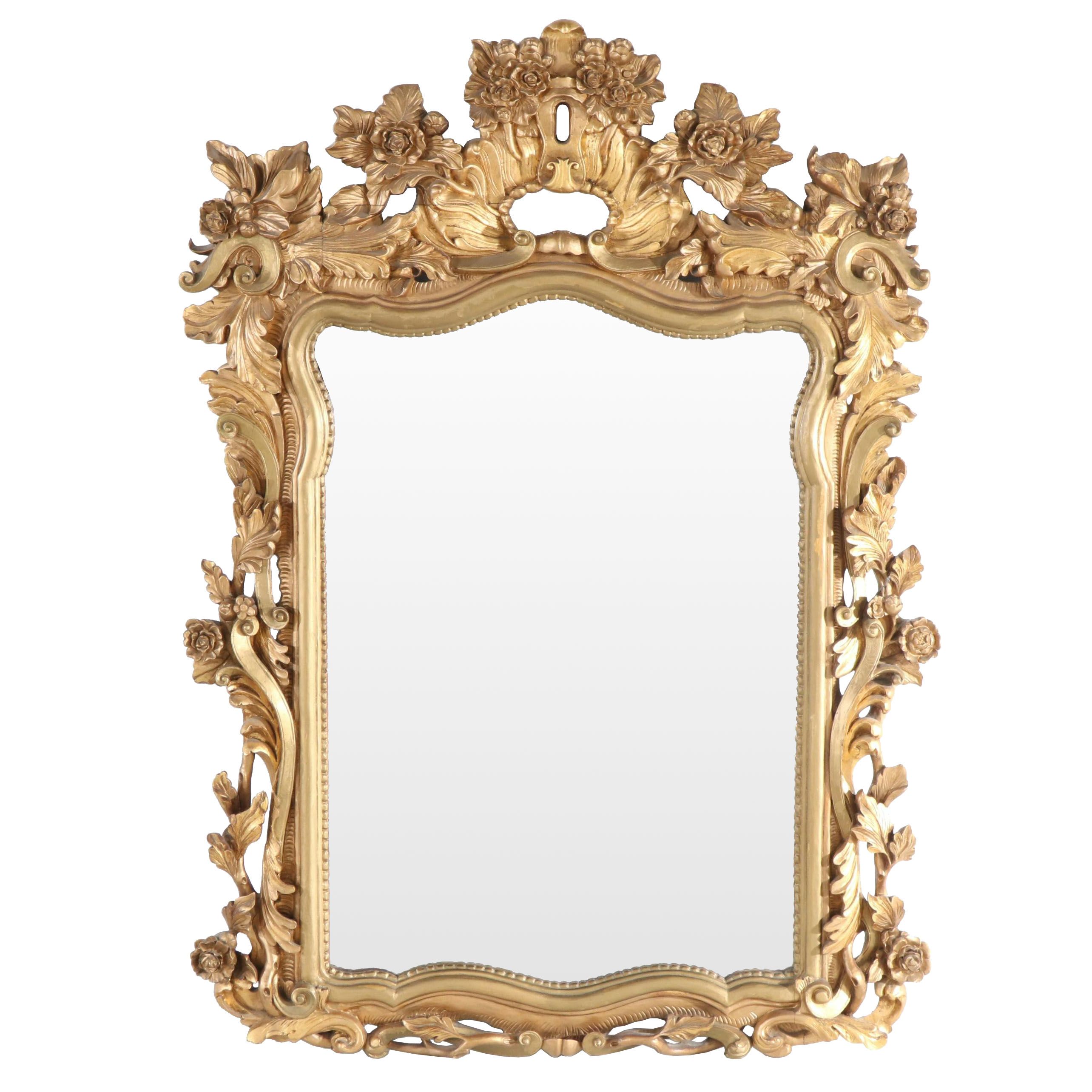 French Rococo Style Carved Giltwood Wall Mirror, 19th Century