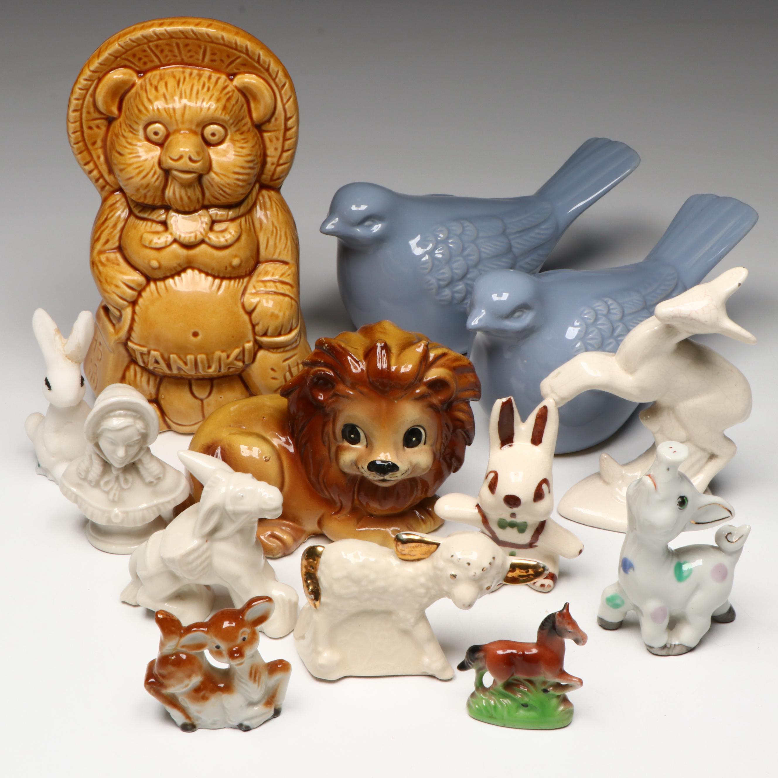 Japanese Tanuki Mug with Ceramic and Other Figurines
