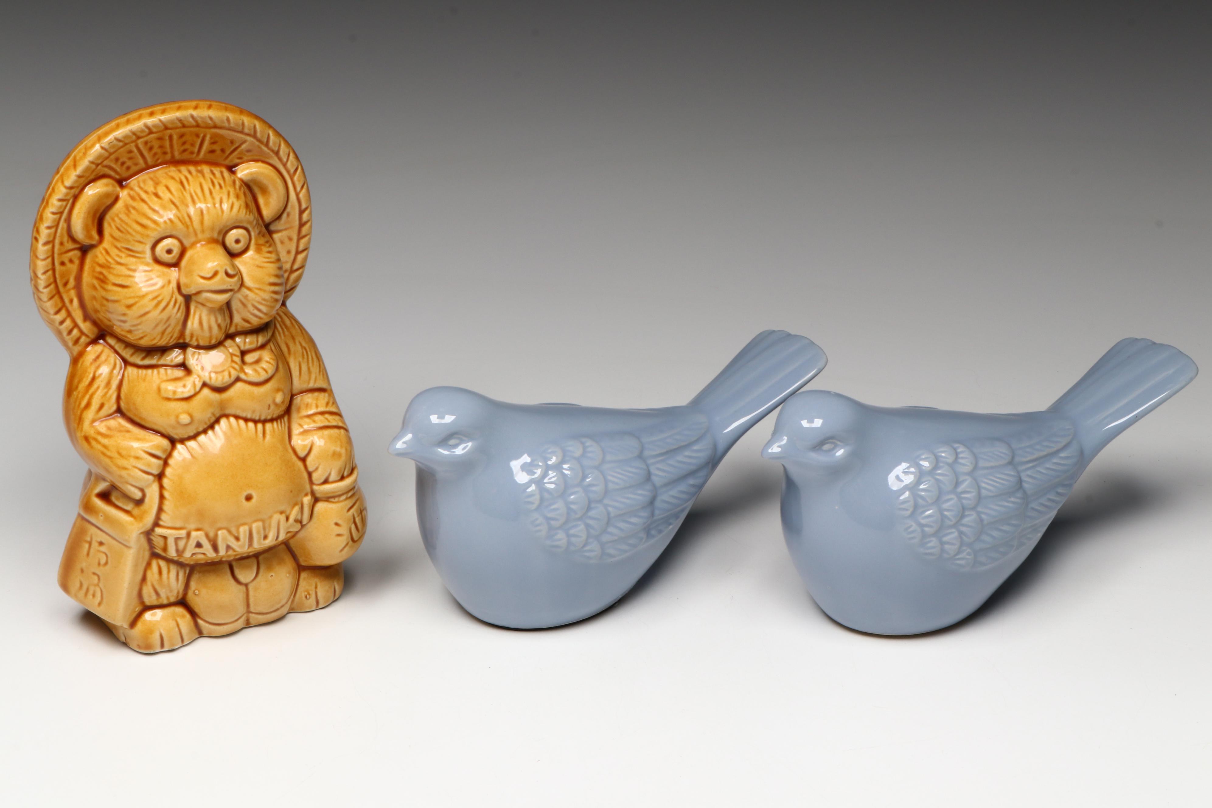 Japanese Tanuki Mug with Ceramic and Other Figurines