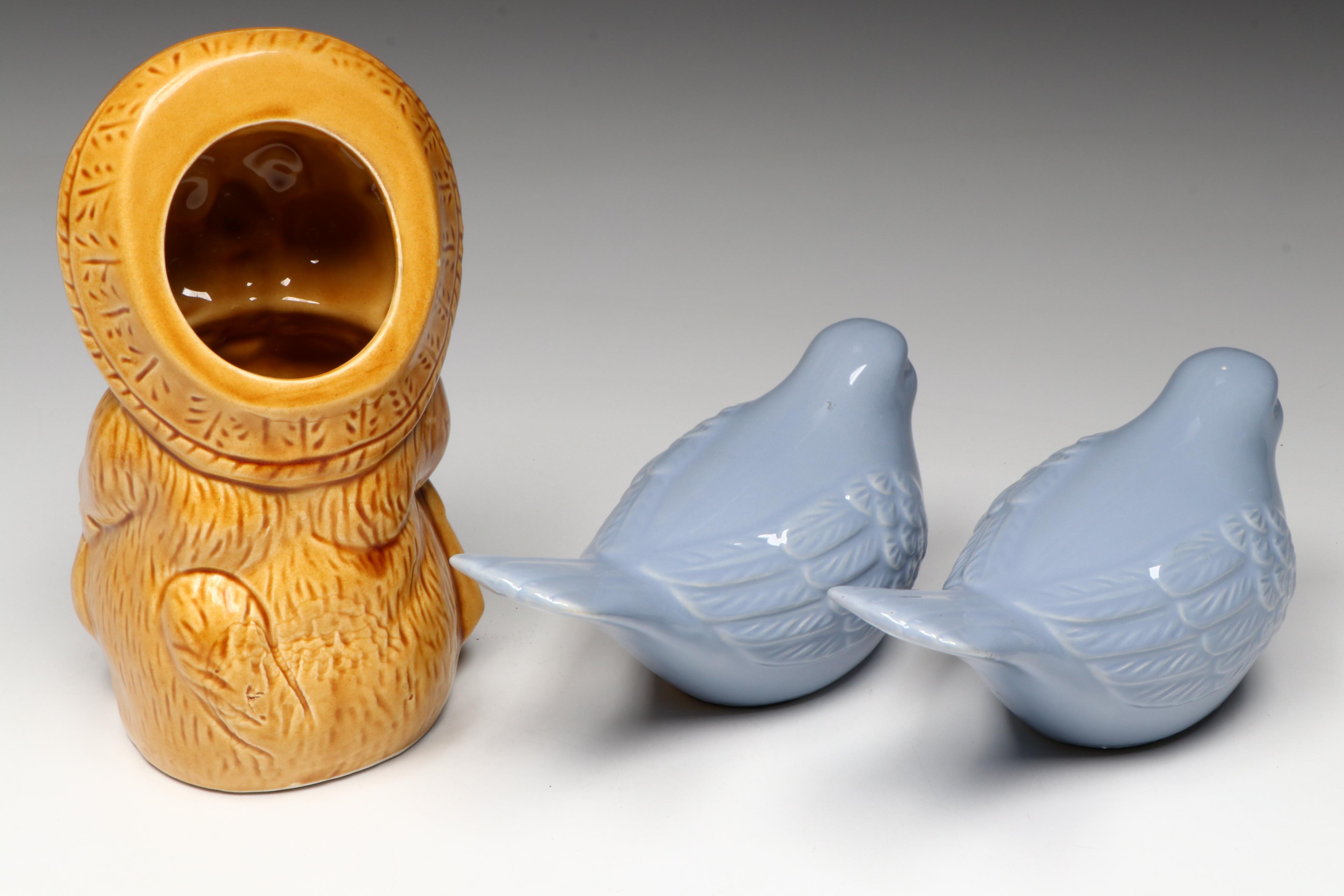 Japanese Tanuki Mug with Ceramic and Other Figurines