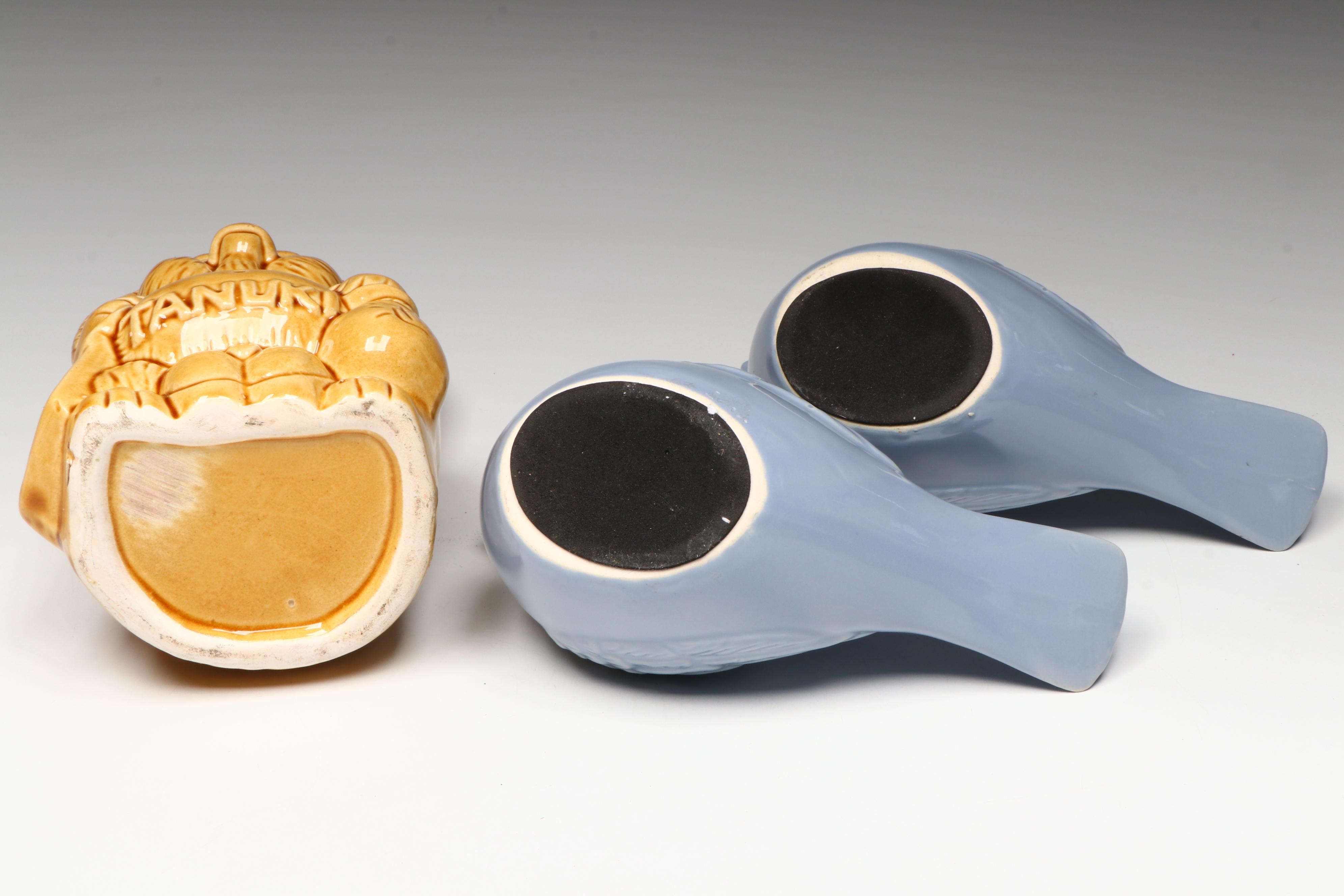 Japanese Tanuki Mug with Ceramic and Other Figurines