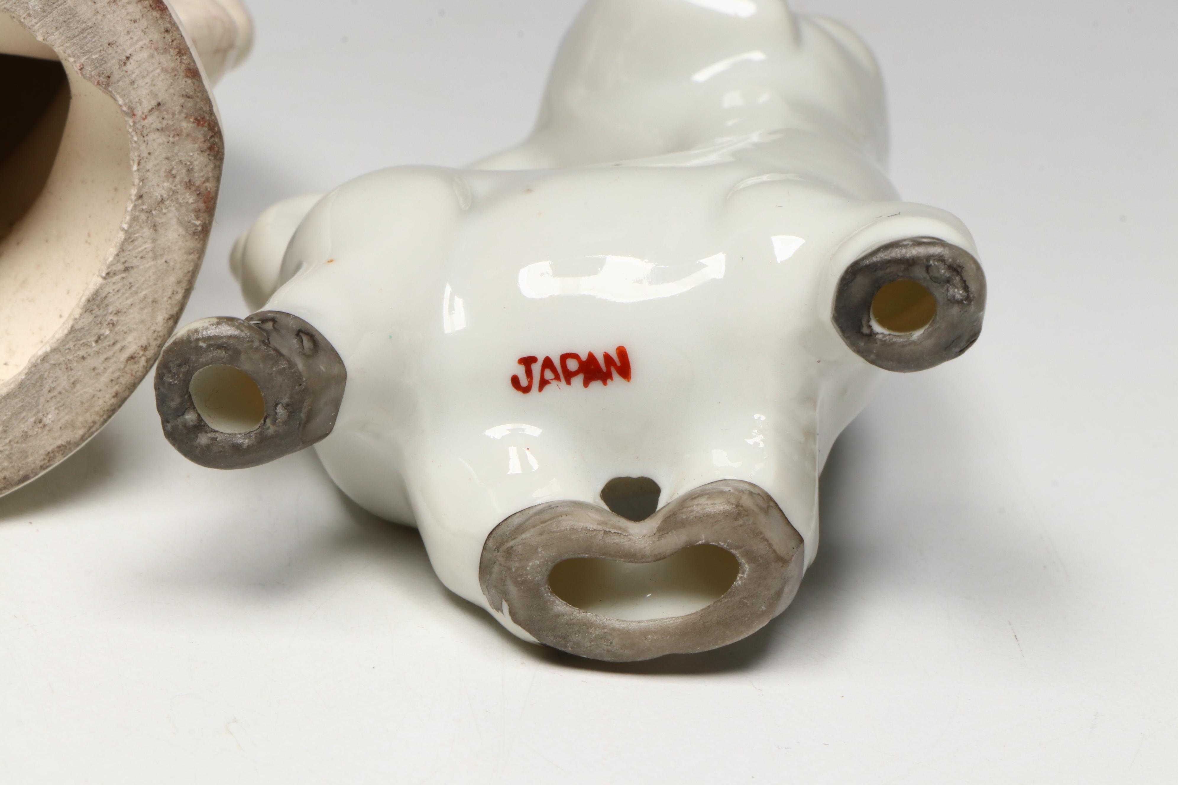 Japanese Tanuki Mug with Ceramic and Other Figurines