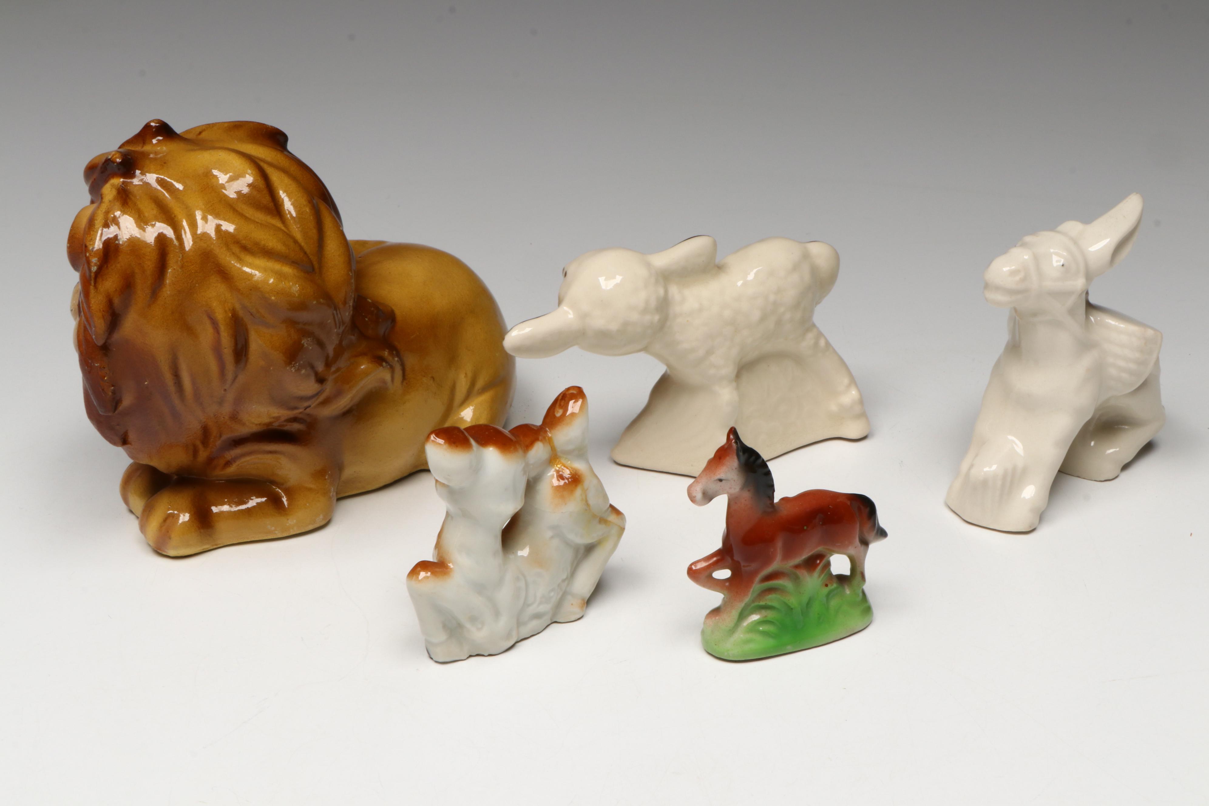 Japanese Tanuki Mug with Ceramic and Other Figurines