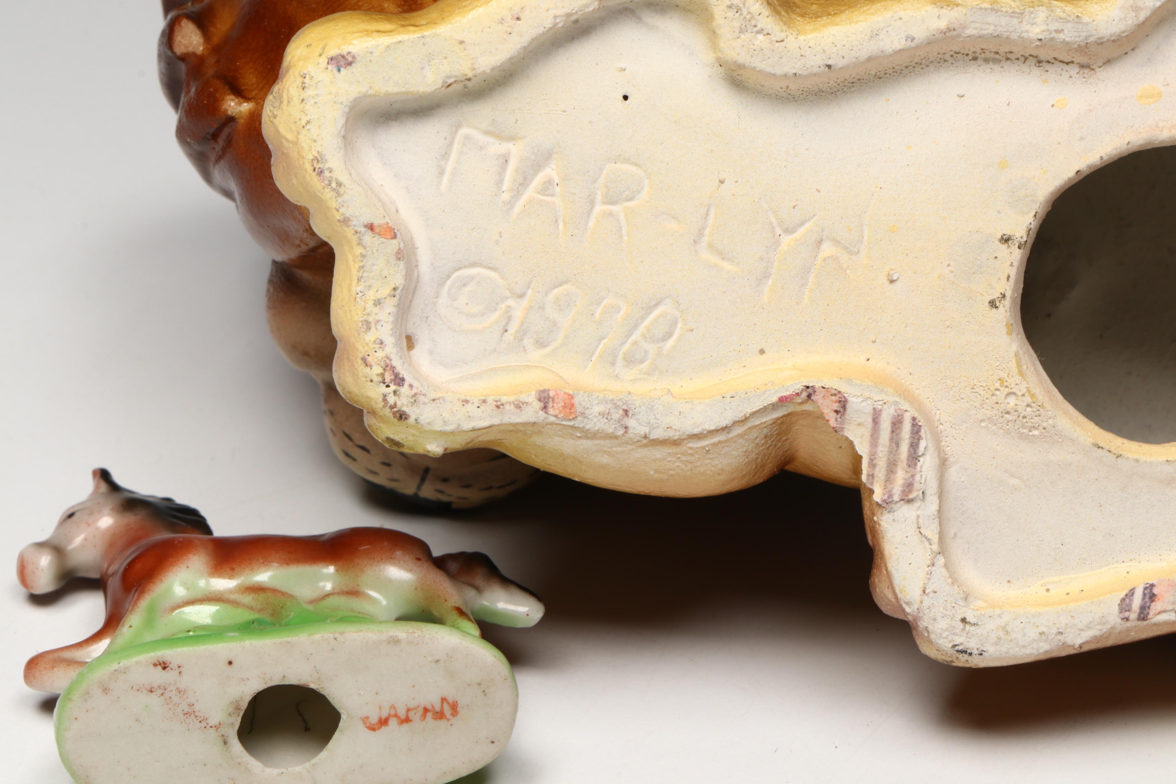 Japanese Tanuki Mug with Ceramic and Other Figurines