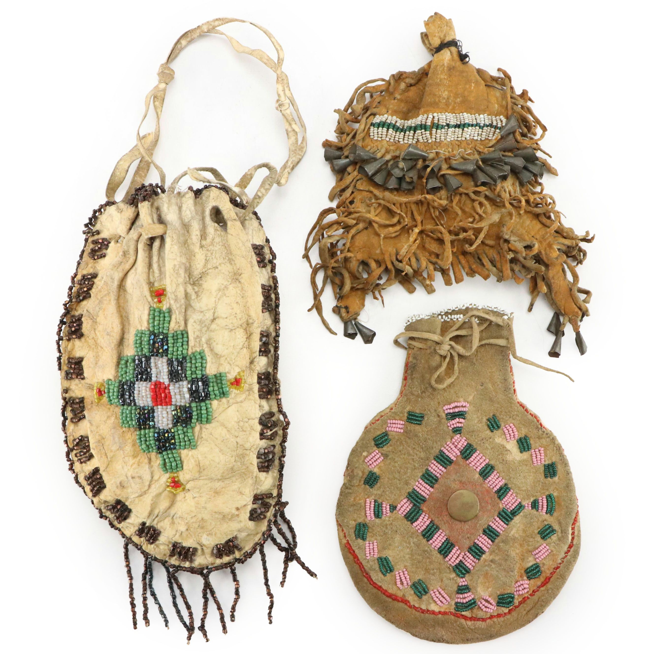 Indigenous Southwest Beaded Hide Pouches, One Apache with Tin Cone Suspensions