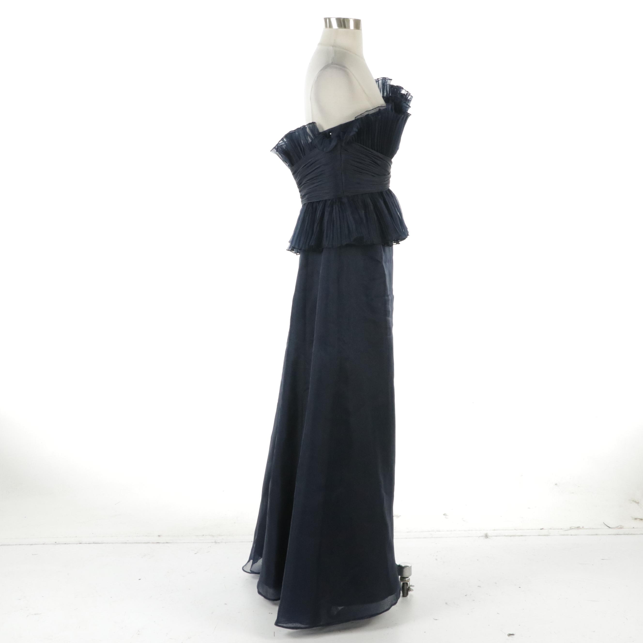 Liancarlo Couture Ruched Ruffle Bodice Strapless Gown in Navy Silk