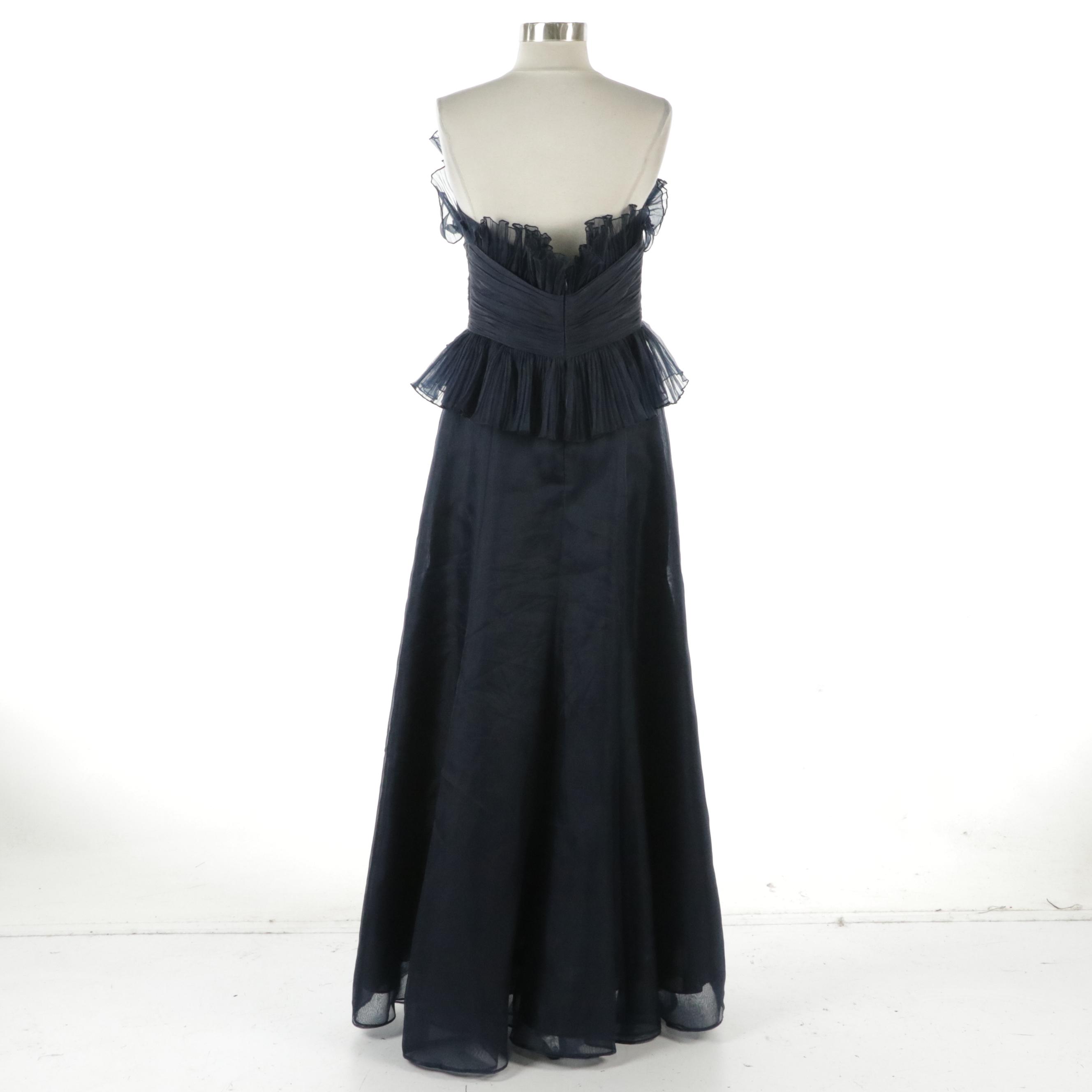 Liancarlo Couture Ruched Ruffle Bodice Strapless Gown in Navy Silk