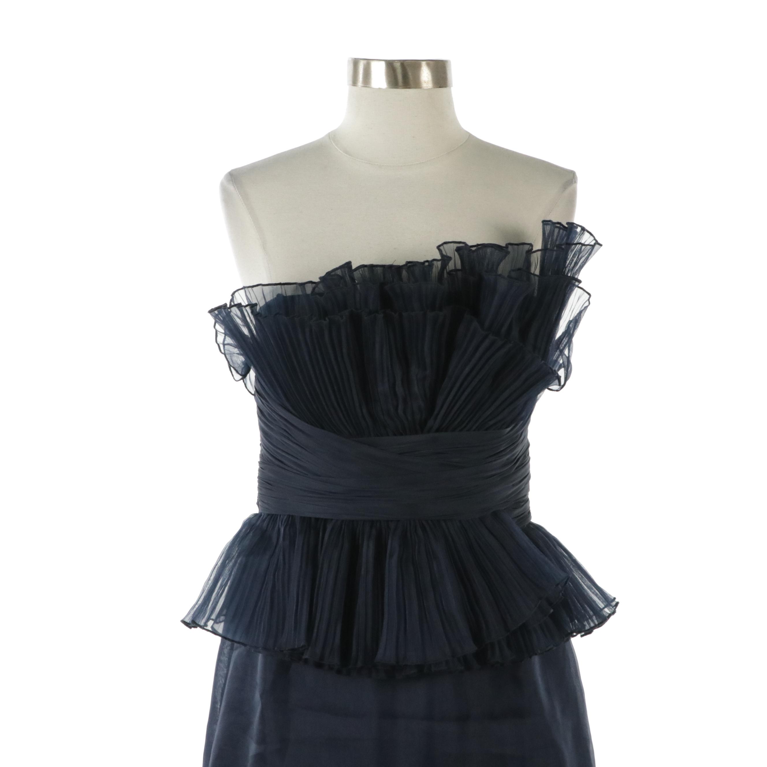 Liancarlo Couture Ruched Ruffle Bodice Strapless Gown in Navy Silk