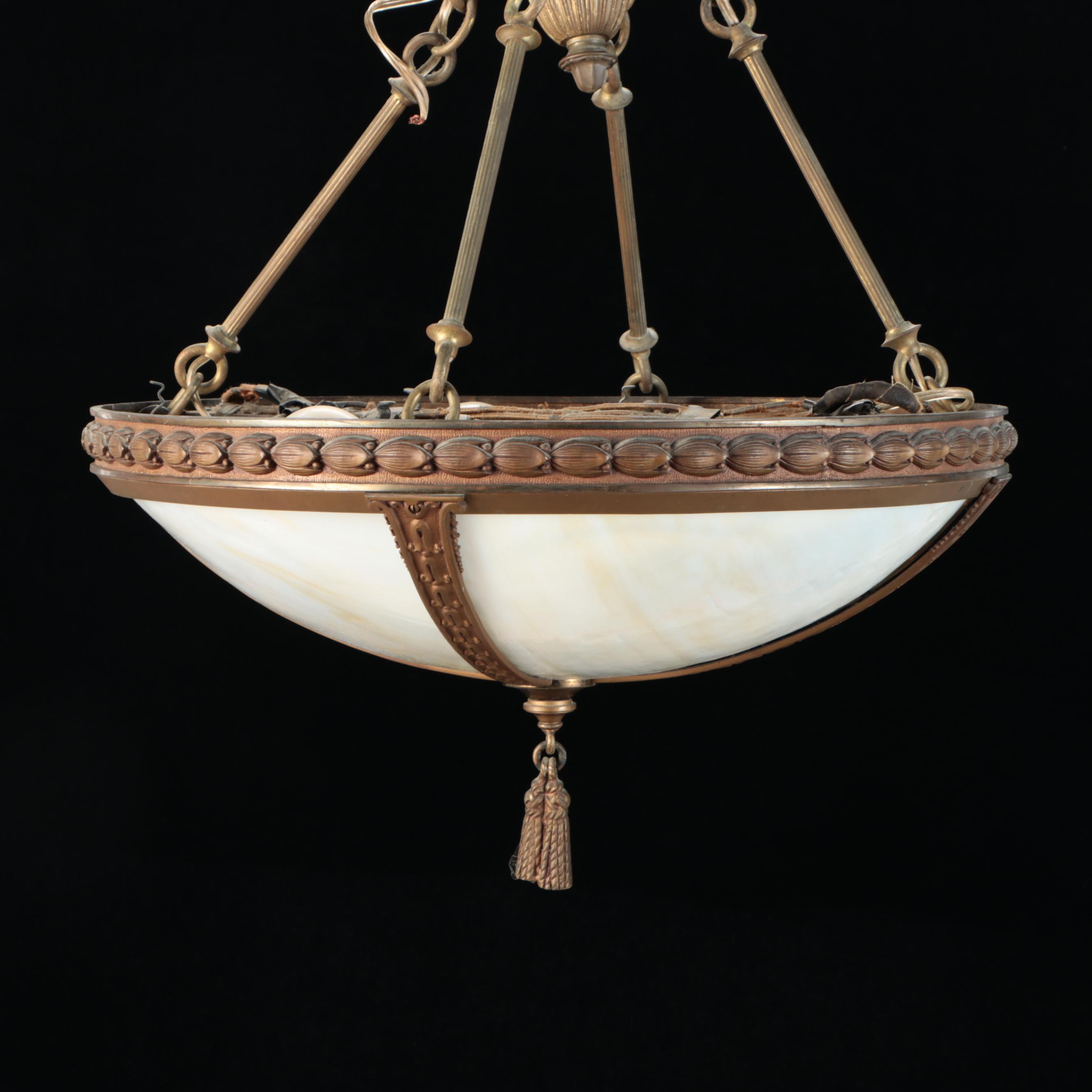 Empire Revival Style Bronzed Spelter and Slag Glass Plafonnier Pendant Light