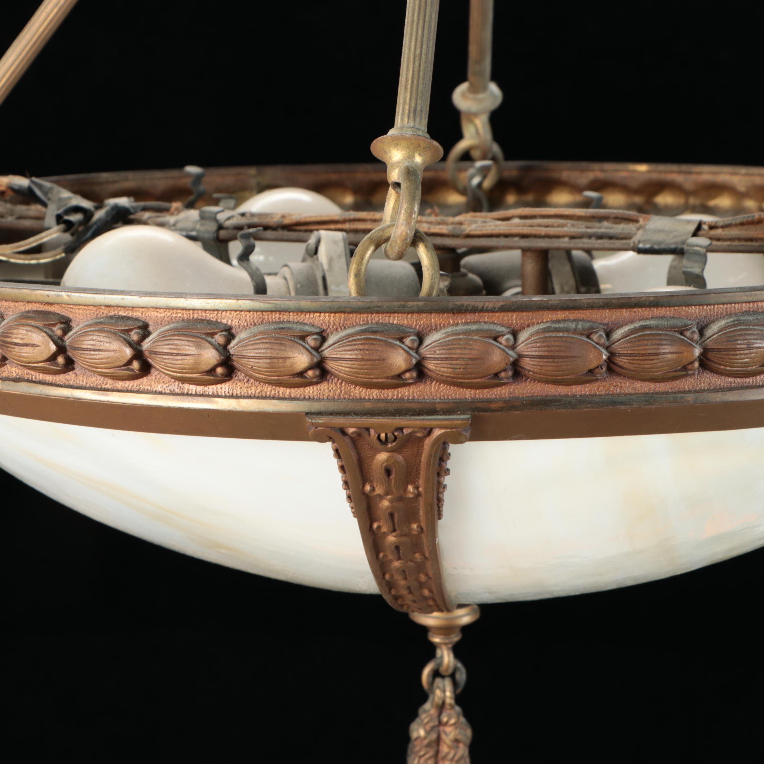 Empire Revival Style Bronzed Spelter and Slag Glass Plafonnier Pendant Light