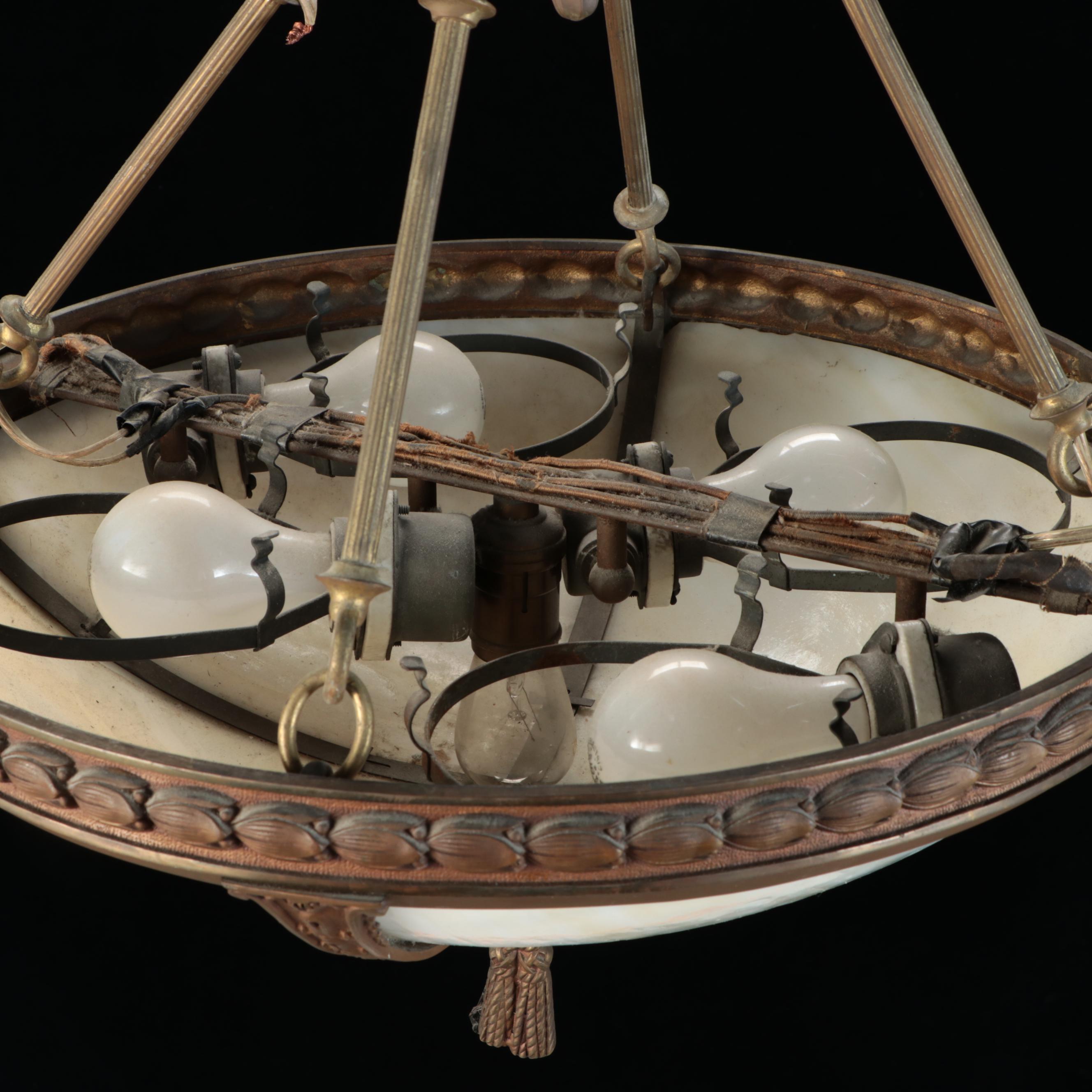 Empire Revival Style Bronzed Spelter and Slag Glass Plafonnier Pendant Light