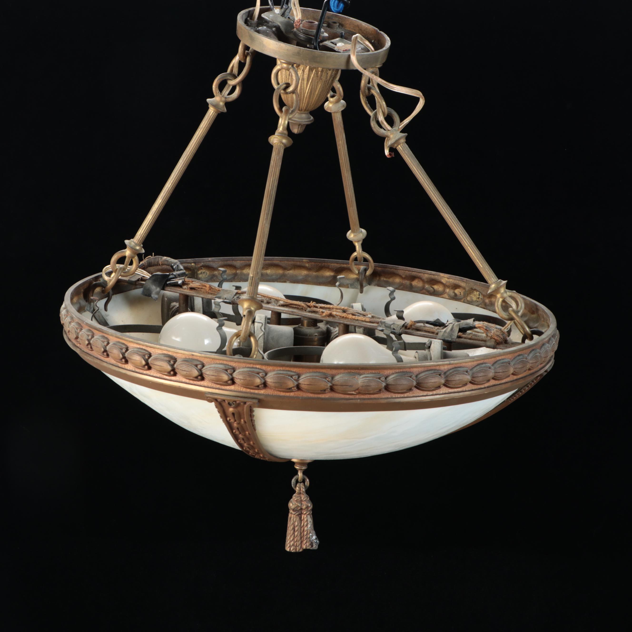 Empire Revival Style Bronzed Spelter and Slag Glass Plafonnier Pendant Light
