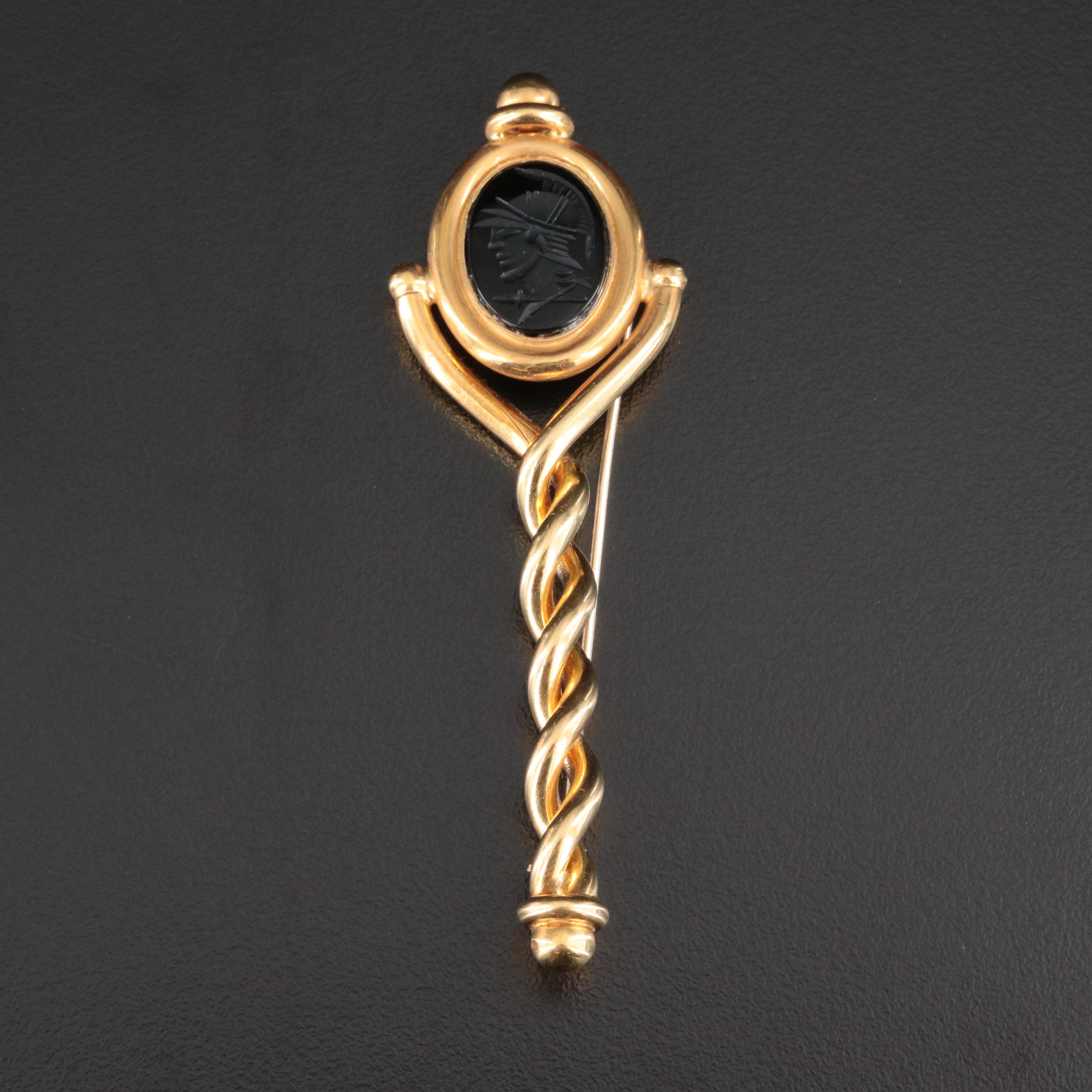 Vintage Italian 18K Black Onyx Intaglio Roman Soldier Brooch