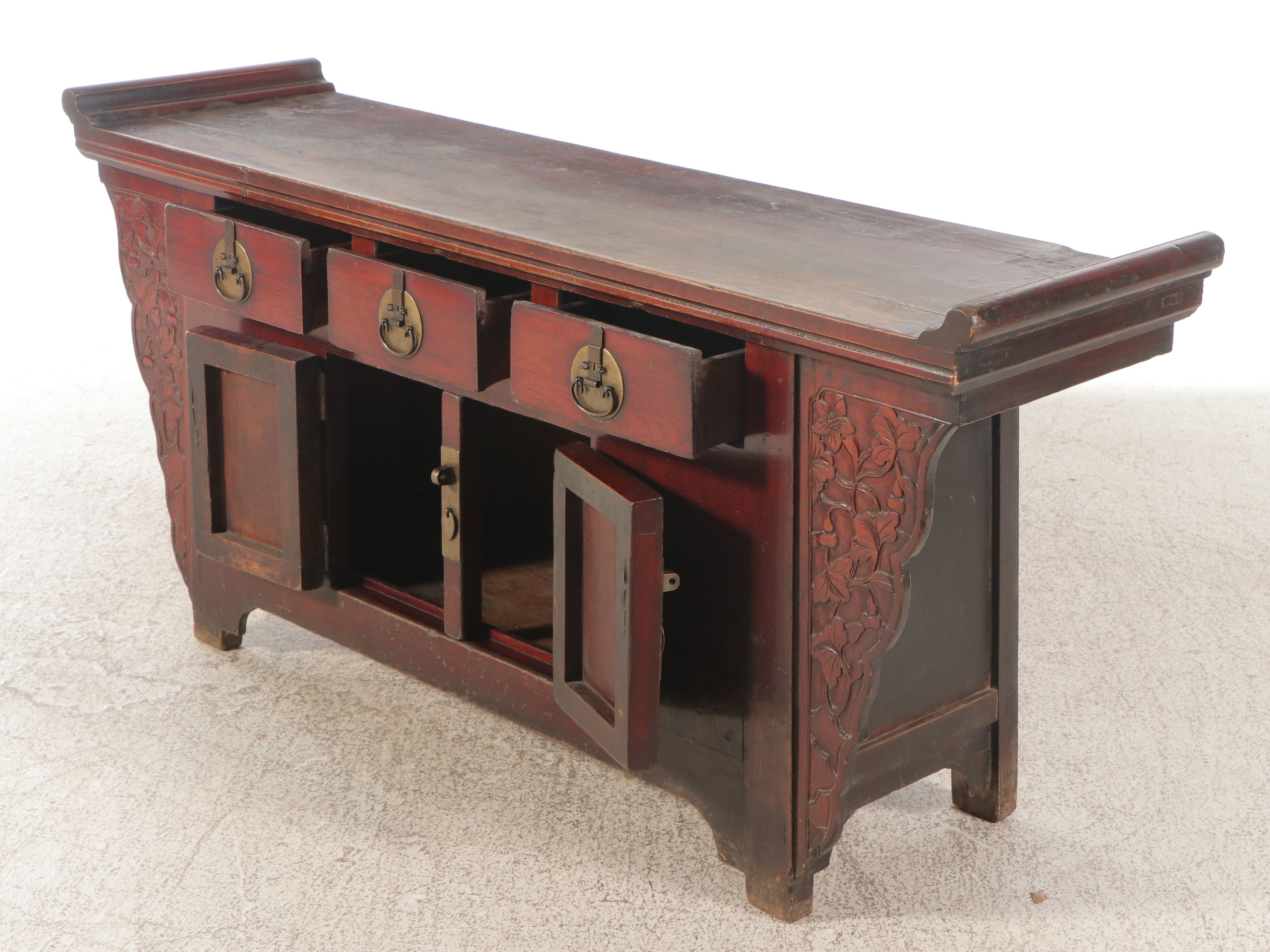 Chinese Red Lacquered Wood Altar-Style Cabinet