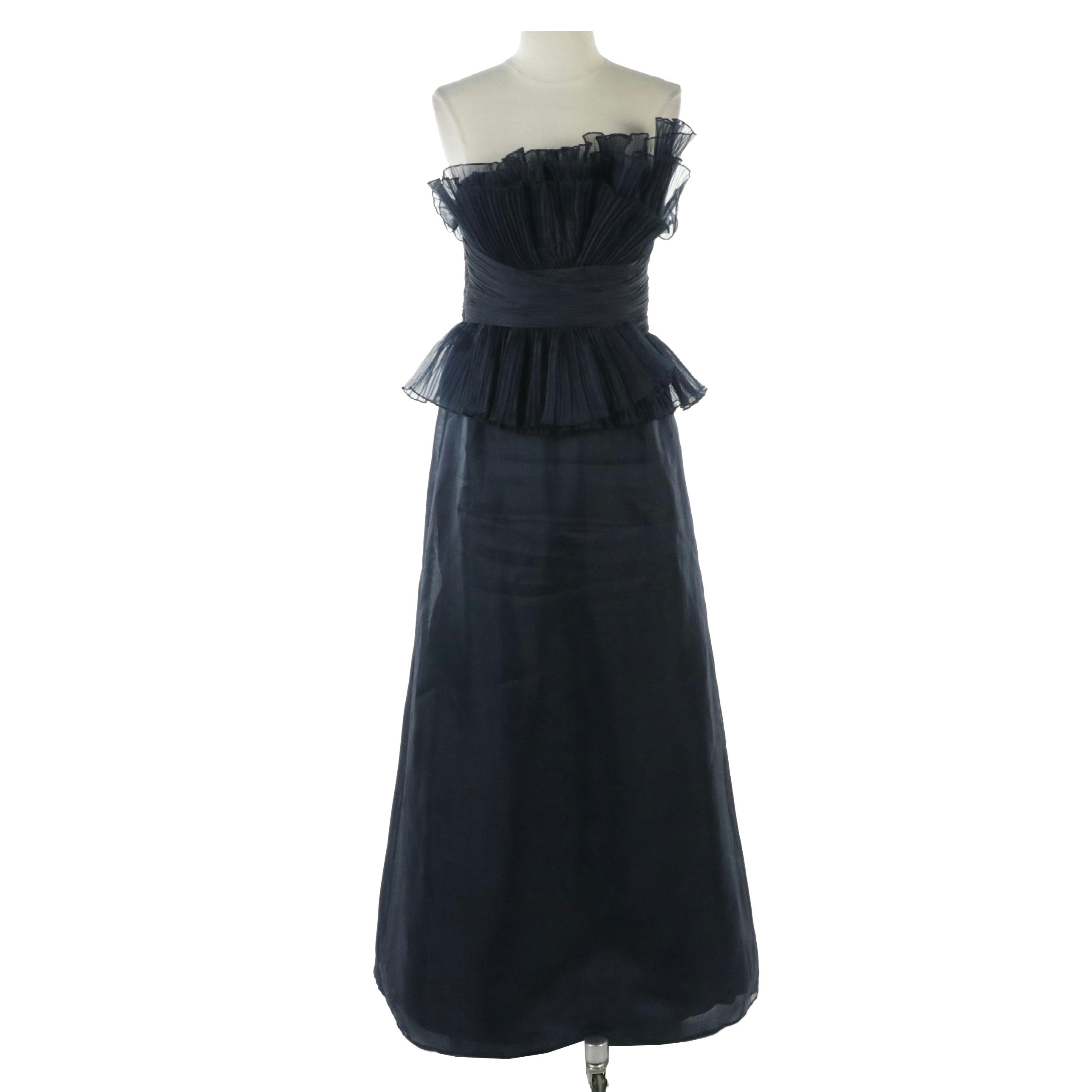 Liancarlo Couture Ruched Ruffle Bodice Strapless Gown in Navy Silk