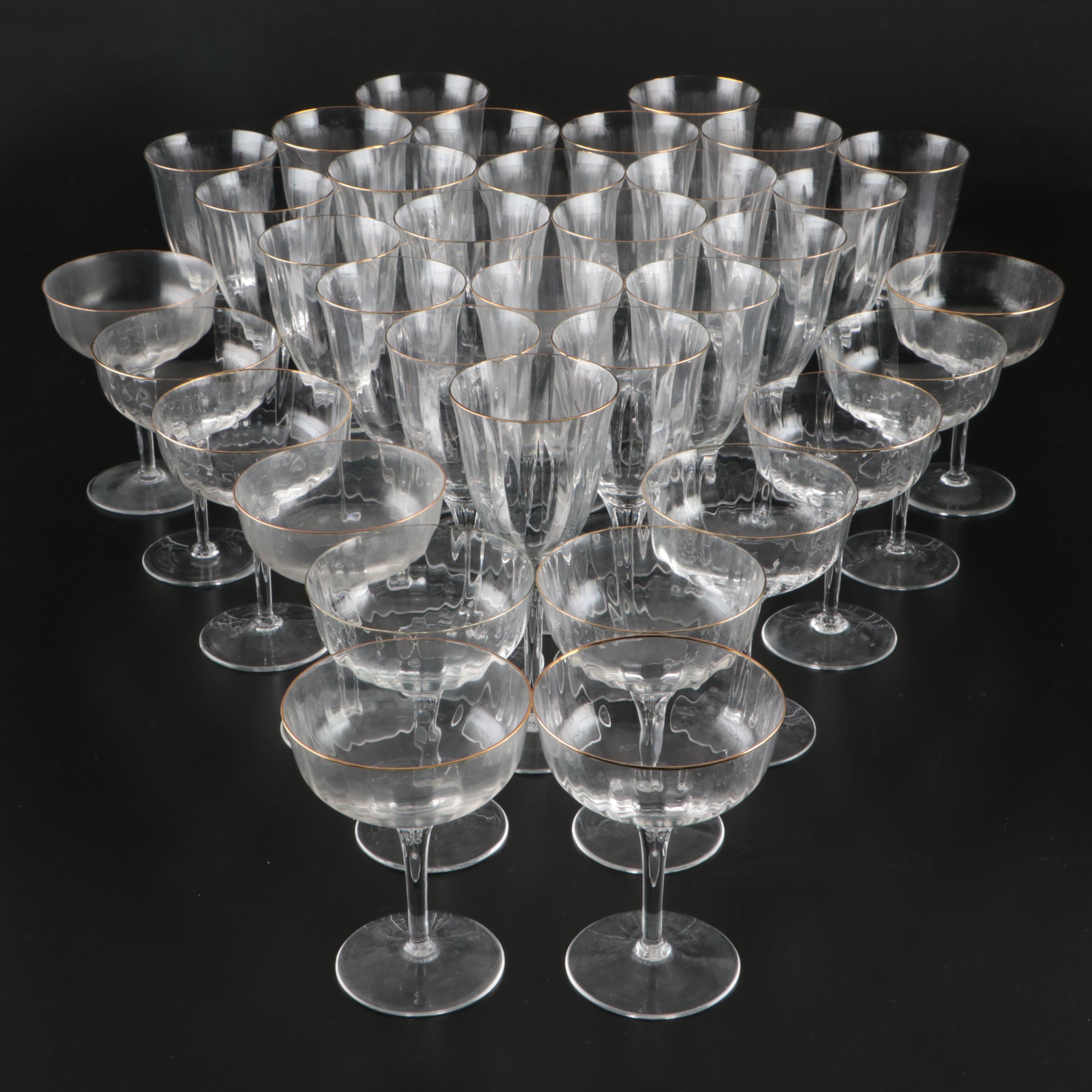 Gorham "Laurin Gold" Crystal Coupes, Wine, and Water Glasses, Late 20th C.