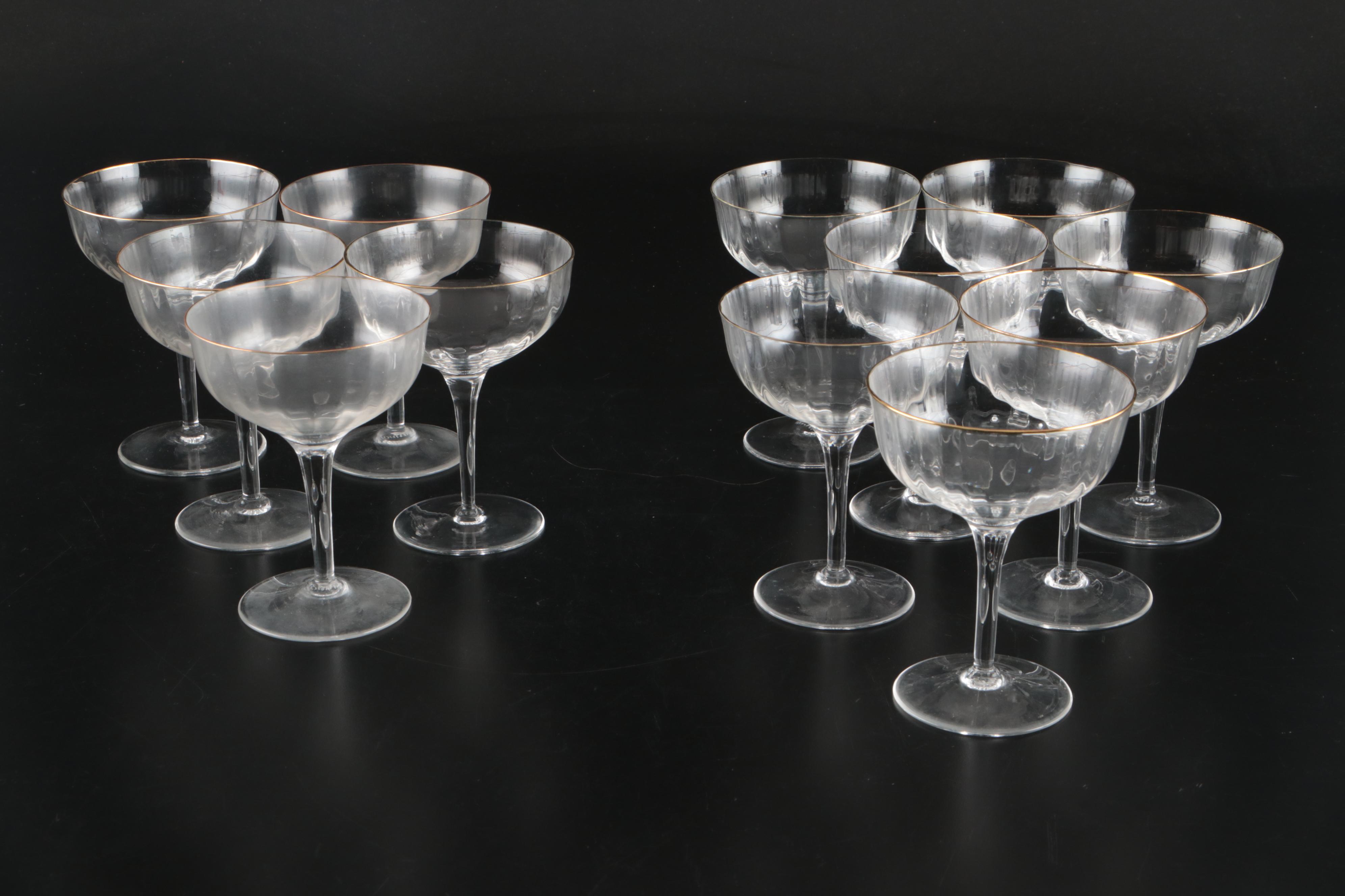 Gorham "Laurin Gold" Crystal Coupes, Wine, and Water Glasses, Late 20th C.