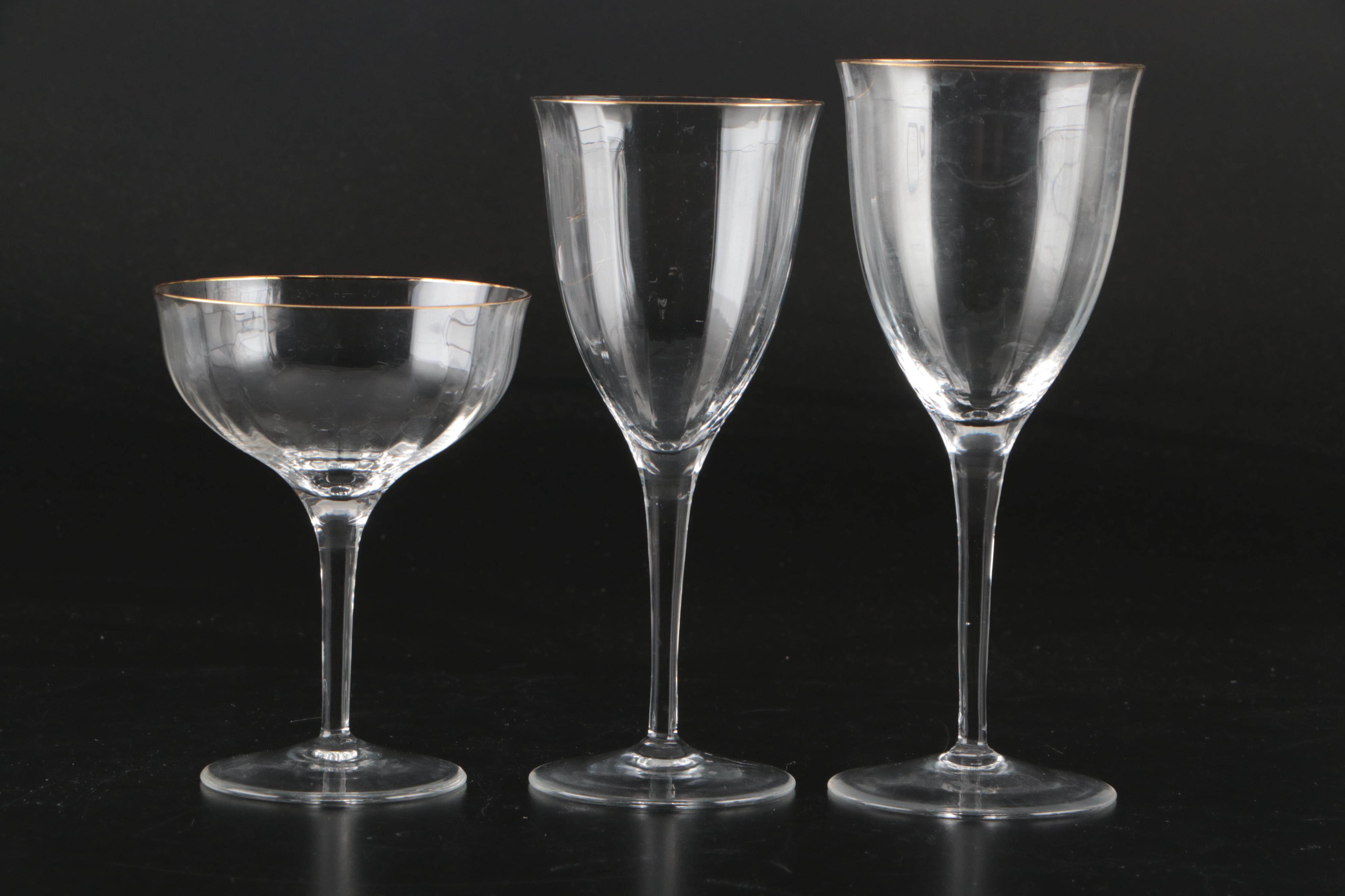 Gorham "Laurin Gold" Crystal Coupes, Wine, and Water Glasses, Late 20th C.