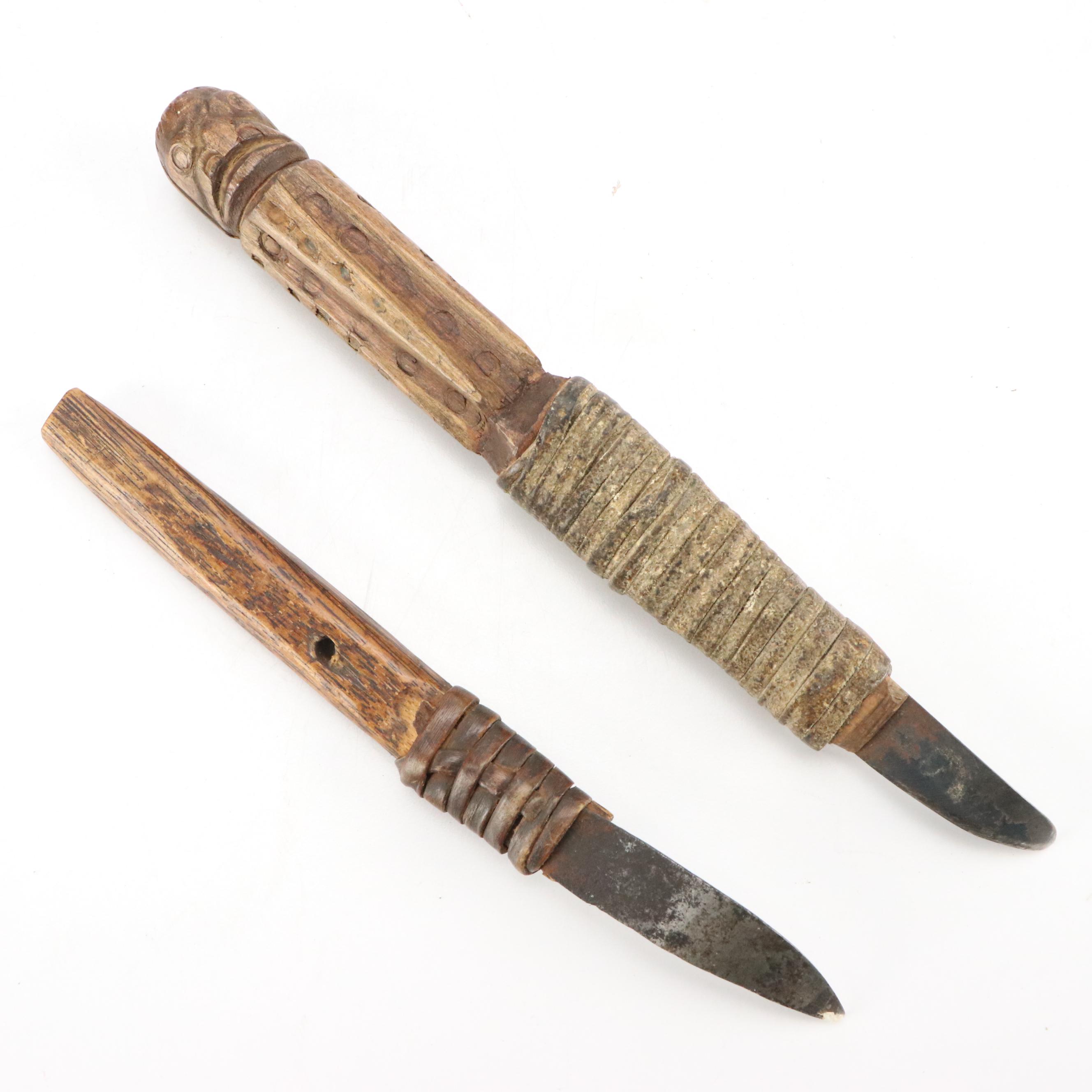 Arctic Indigenous Bone and Antler Hide Scrapers with Other Carved Wood Knives