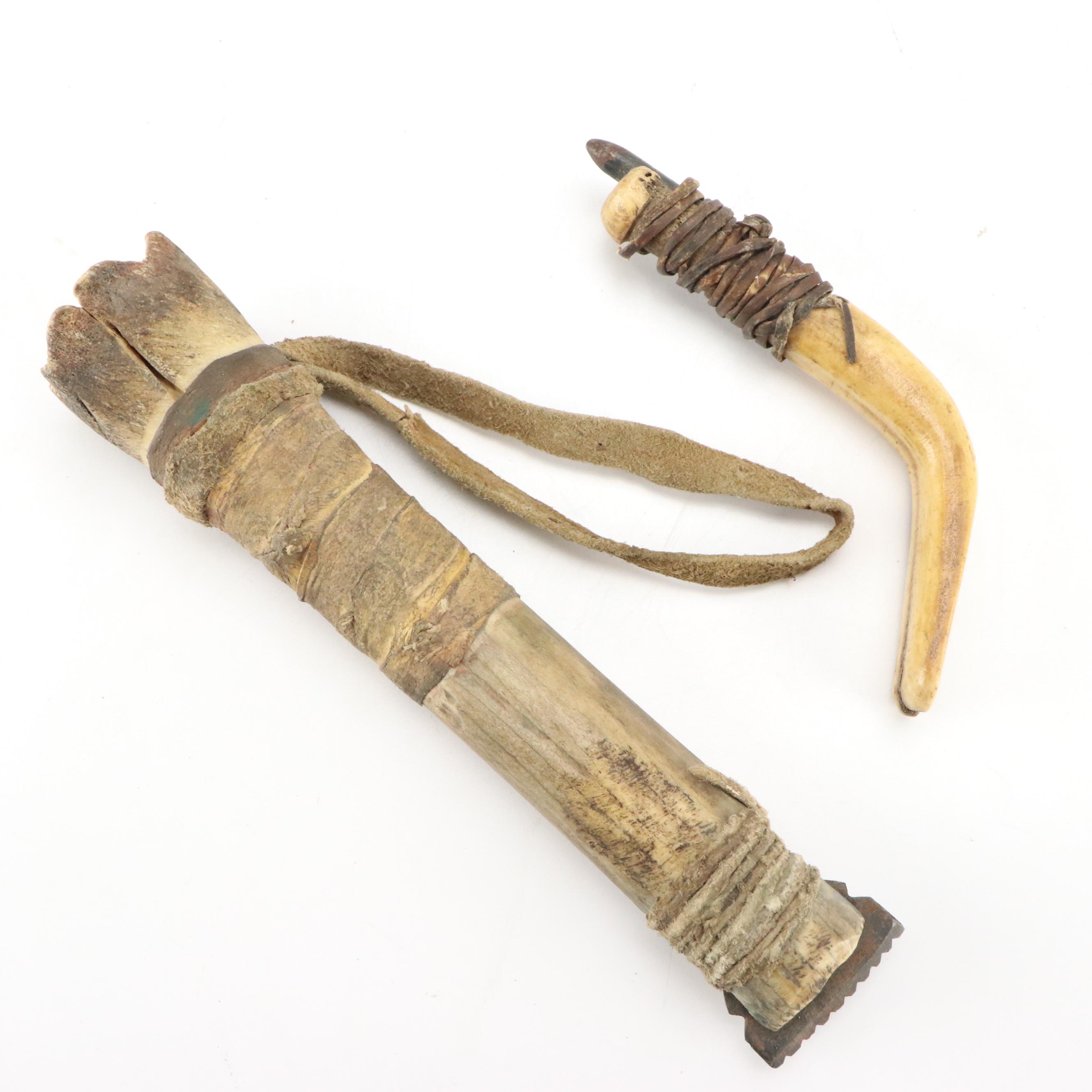 Arctic Indigenous Bone and Antler Hide Scrapers with Other Carved Wood Knives