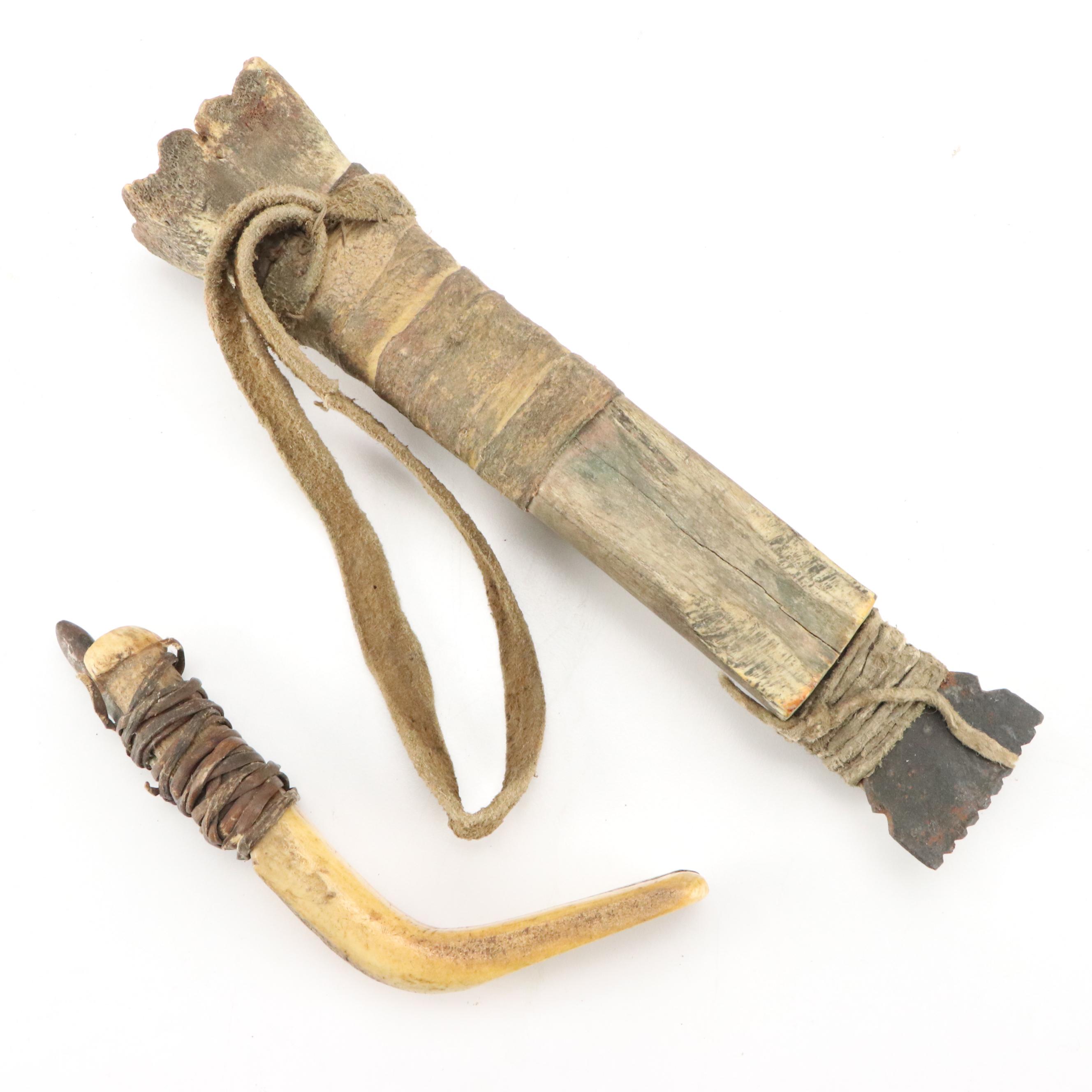 Arctic Indigenous Bone and Antler Hide Scrapers with Other Carved Wood Knives