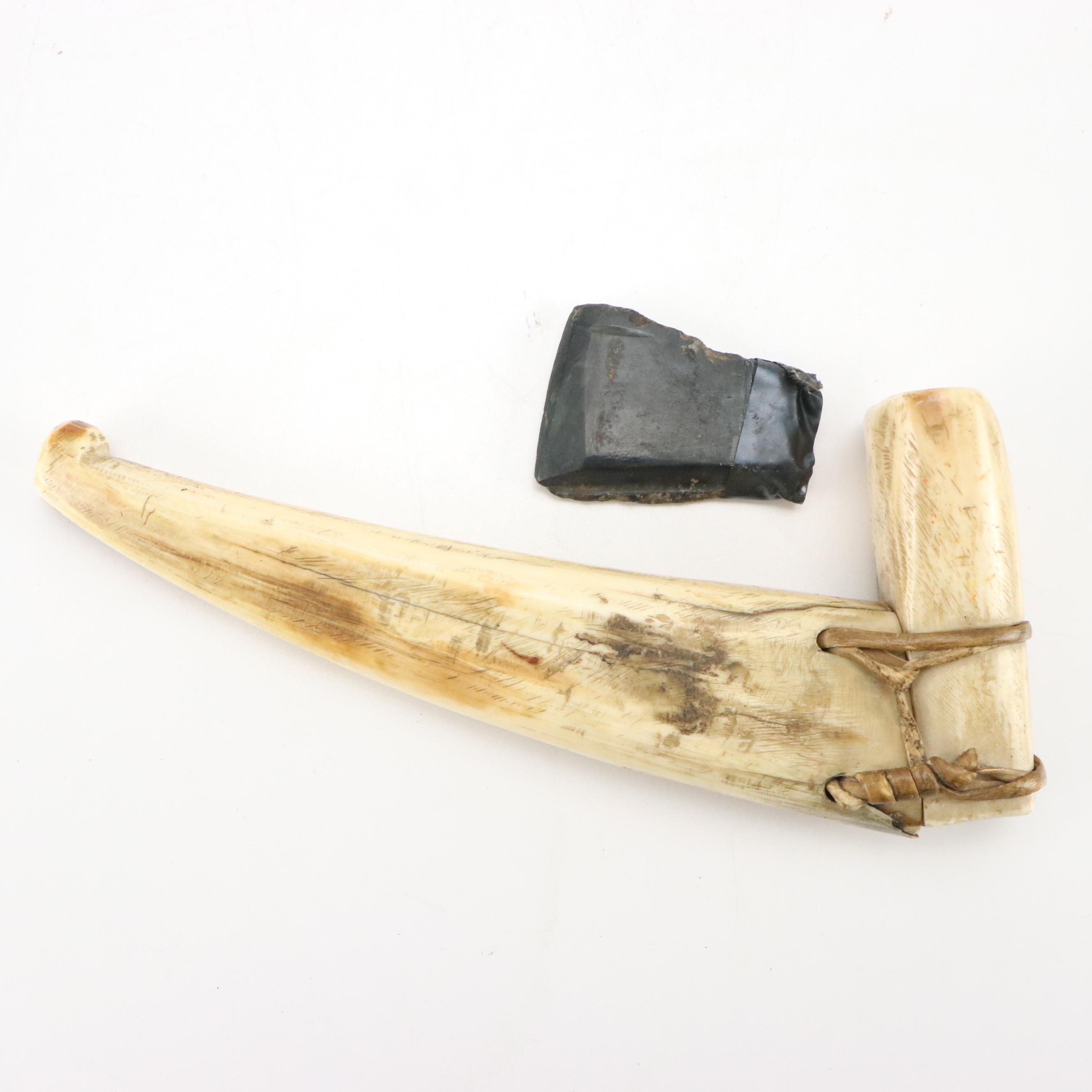 Arctic Indigenous Bone and Antler Hide Scrapers with Other Carved Wood Knives