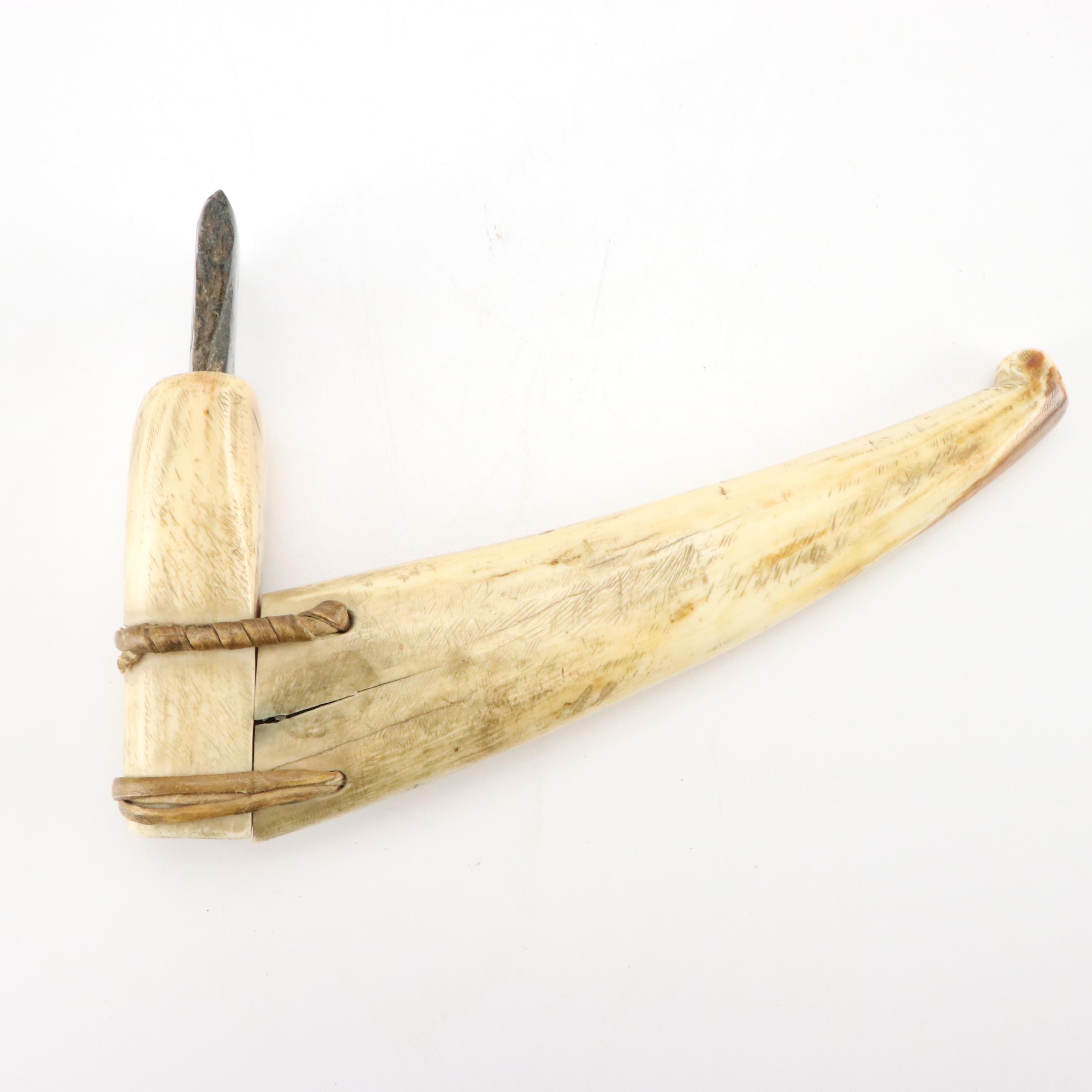 Arctic Indigenous Bone and Antler Hide Scrapers with Other Carved Wood Knives
