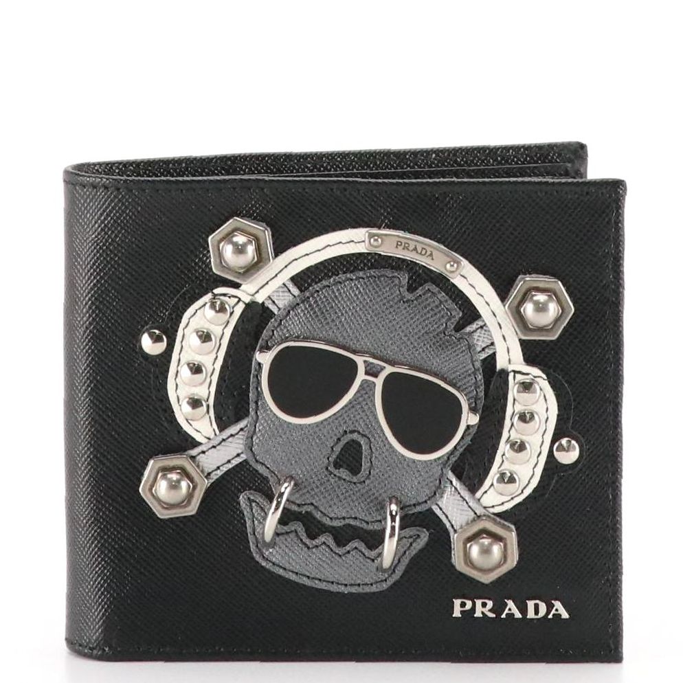 Prada Skull & Crossbones Embellished Bifold Wallet in Saffiano Leather, With Box